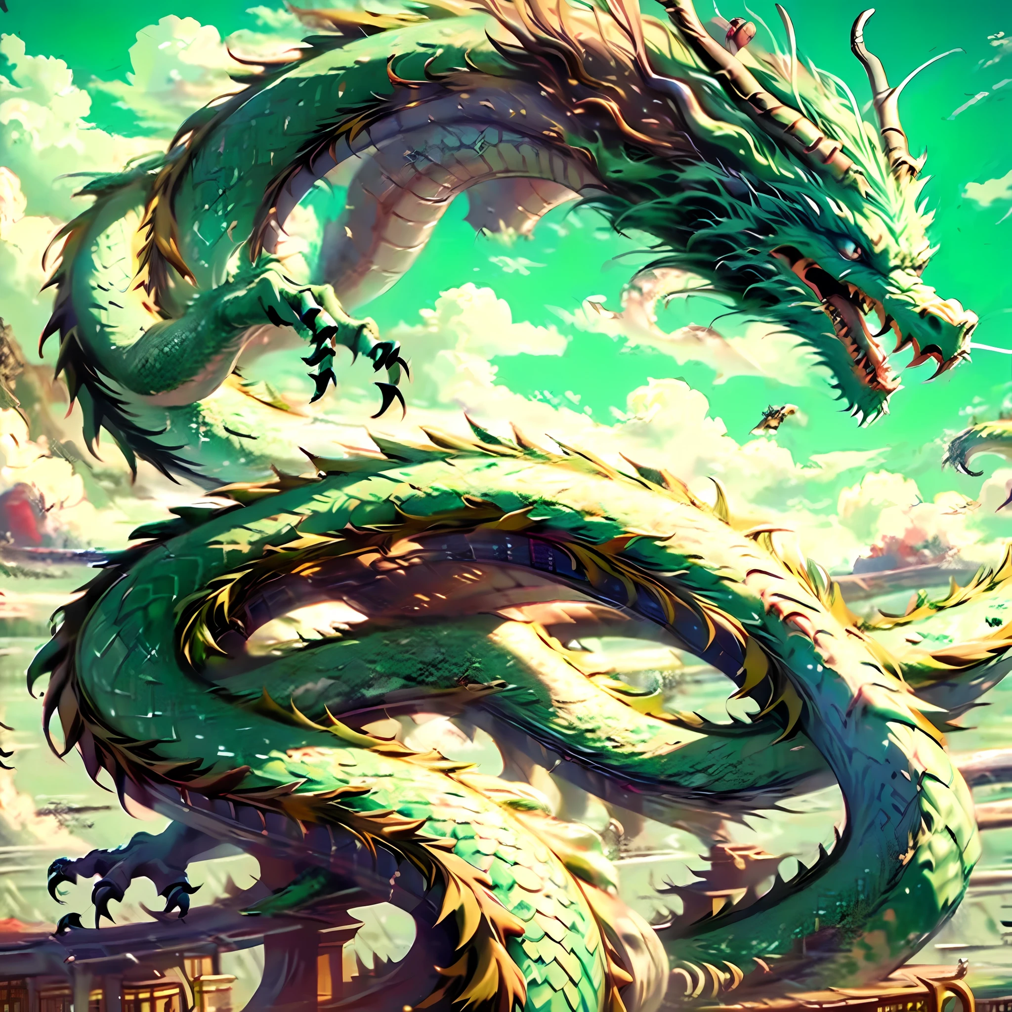 Best quality, masterpiece, super high resolution, no human, (length: 1.2), sky, green eyes, clouds, scales, oriental dragon, open mouth, sharp teeth, flying, horns, teeth, sky, claws, fangs, void
