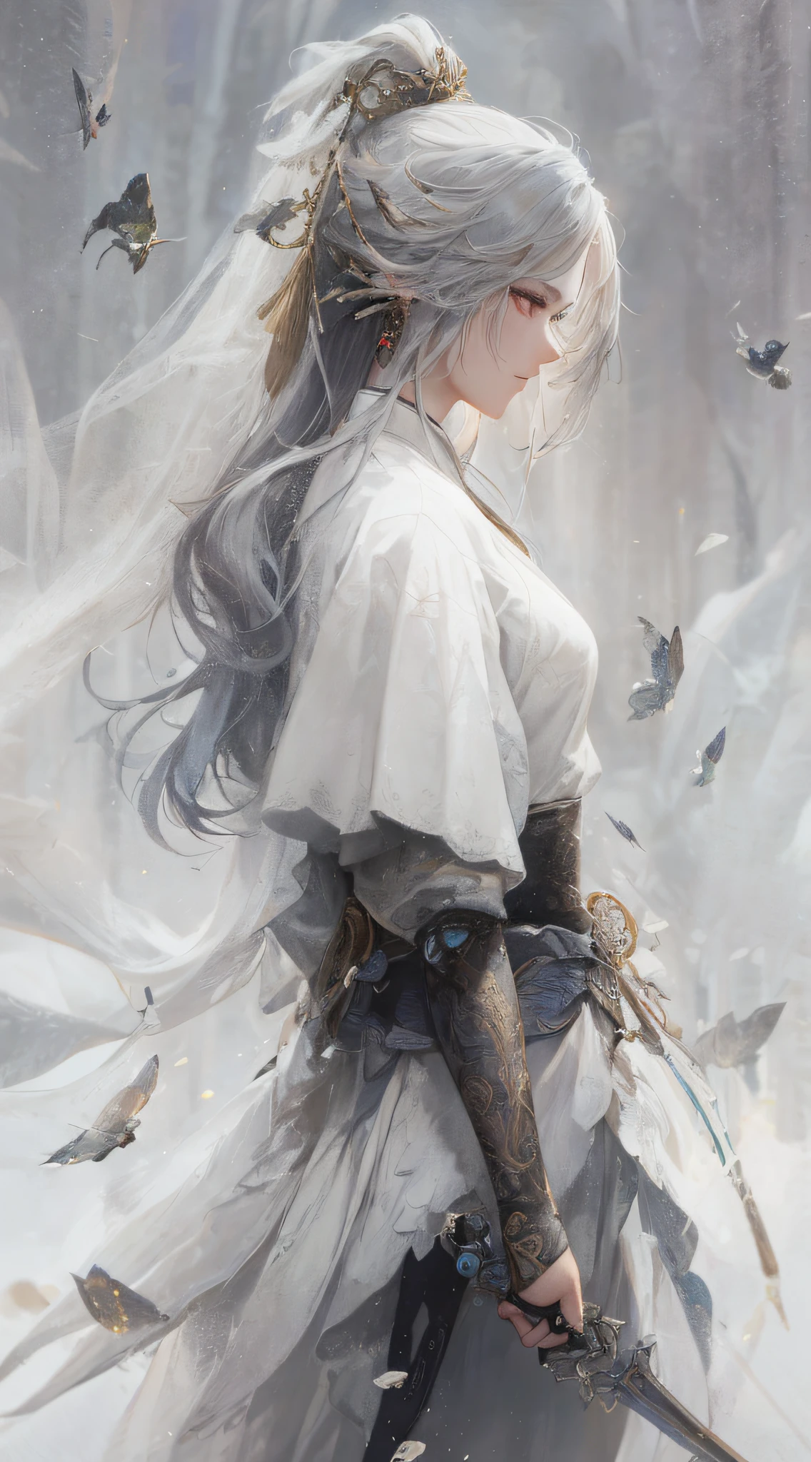 a close up of a woman with a sword in a white dress, a character portrait by Yang J, trending on cgsociety, fantasy art, beautiful character painting, artwork in the style of guweiz, guweiz, white hanfu, flowing white robes, full body wuxia, epic exquisite character art, stunning character art, beautiful female assassin
