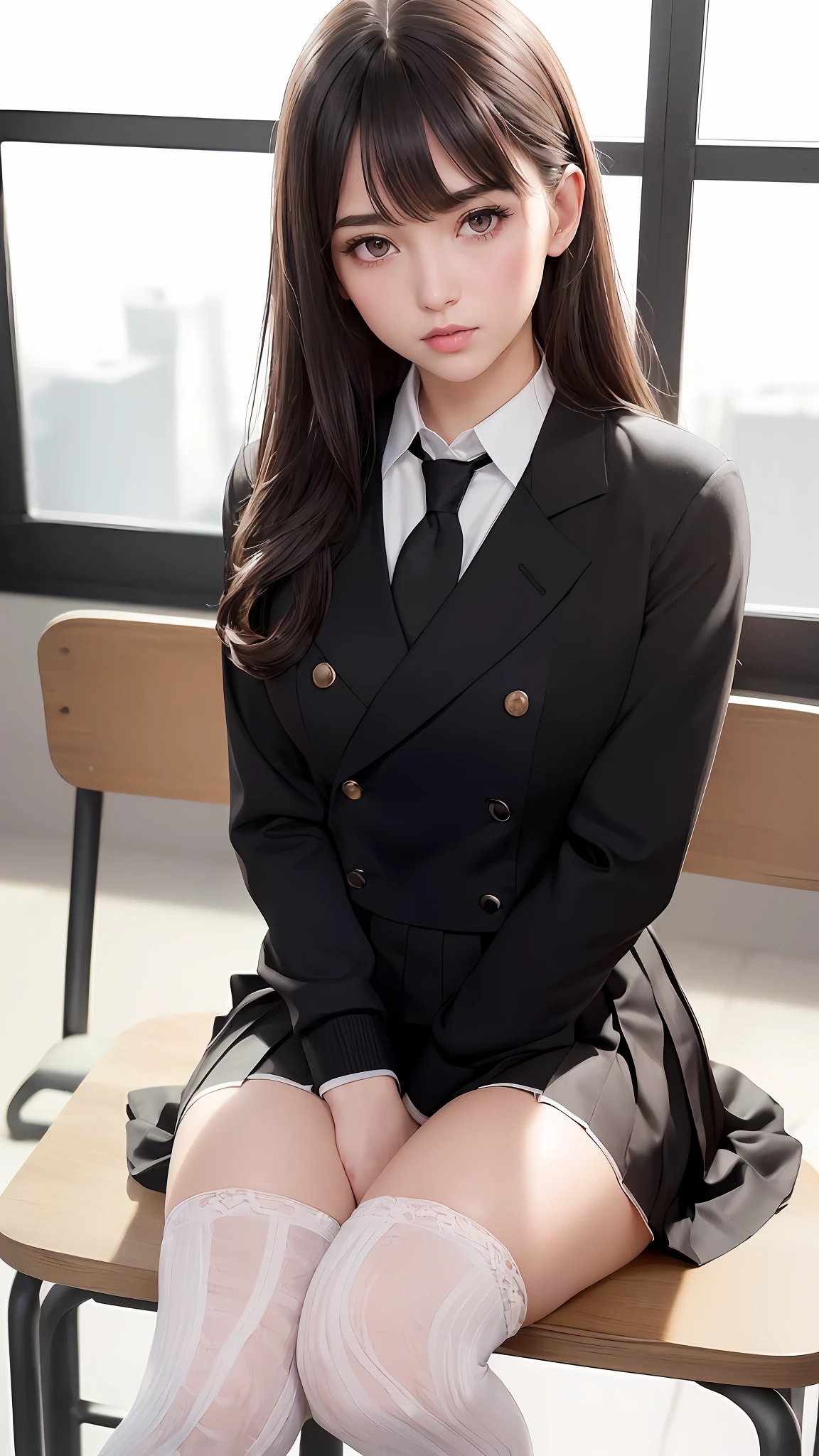 ((Medium-breasted, Small Head)), (Perfect Body: 1.1), (Young), (Short Wavy Hair: 1.2), (((School Uniform)), (Highly Detailed CG 8k Wallpaper), (Very Delicate and Beautiful), (Masterpiece), (Best Quality: 1.0), (Ultra High Definition: 1.0), Beautiful Lighting, Realistic Shadows, [Hi-Res], (((Realistic Skin))), Ultra Detail, A Little Thicker Thigh, ( Beautiful Long Hair), Beautiful Big,(Blush), Photonic, Realistic Face, Realistic Eyes, (Small Eyes), (Eyeliner), (Mascara), Sexy, (Sexy Woman), (Adult Woman), (Dark Brown Hair), Pictures of 20 Year Old Women, (White Lace Panties), (Sitting with Legs Spread On Wooden Chairs in Classroom)(School Uniforms), Blurry Background,( Black knee-high socks with white lines, above the knee),(white shirt), loafers, black socks, (black tie), (black pleated skirt), bangs, brown footwear, (shiny big), school background, (clear brown eyes),sitting, panty shot, legs spread wide, (shiny all over the body) (glossy on the body), ((legs spread wide)),hands behind the back, shiny on the legs, shiny on the legs, sweat, (glossy on the legs), absolute area, knee raising, knee opening,