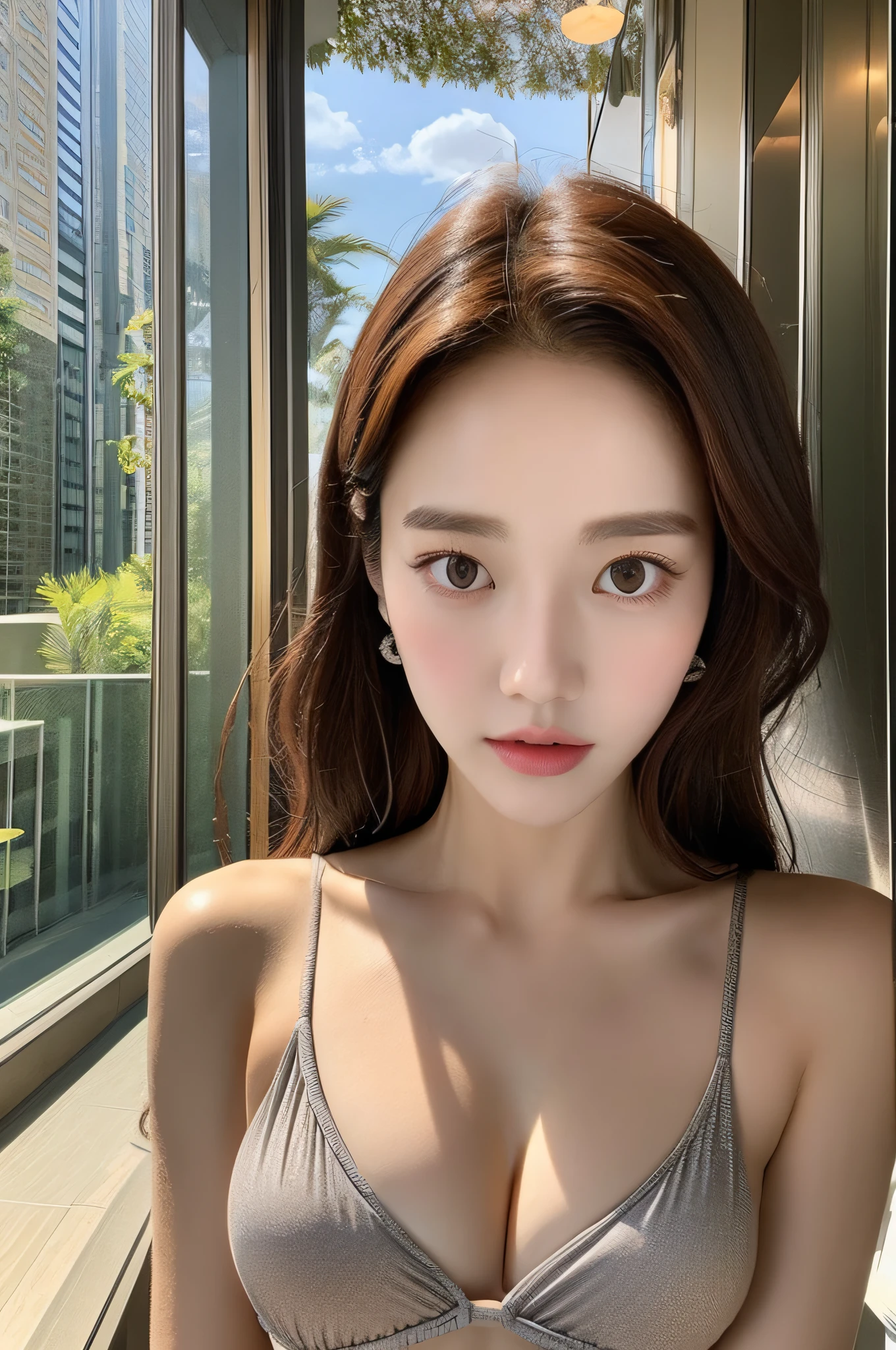 sonyoonjoo, 1girl, solo, realistic,:1.6, (masterpiece, pretty people,), detailed skin texture, beautifully detailed face, masterpiece, collarbone, swimsuit. Luxury hotel background