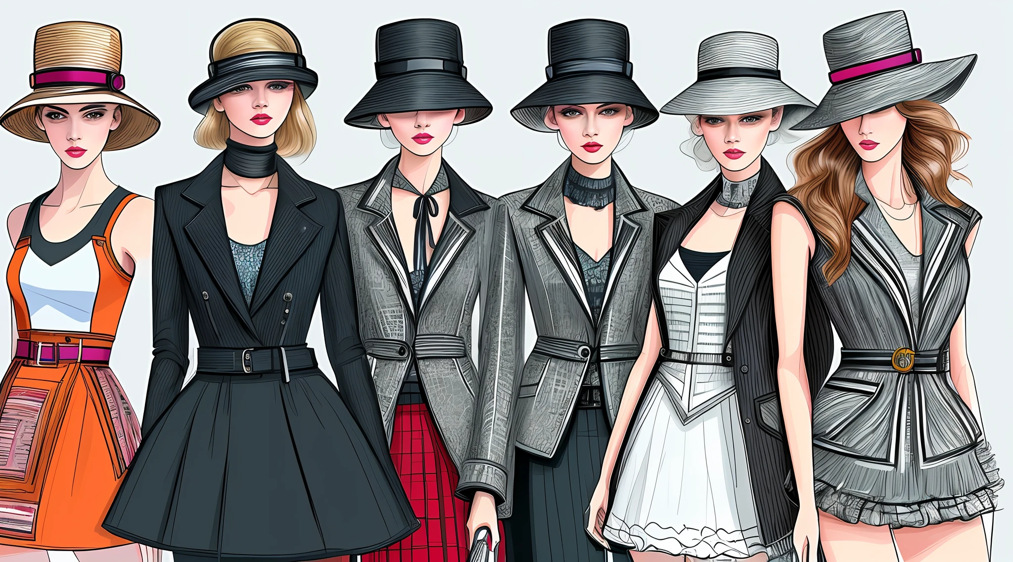 There are multiple female models in fashion clothes lined up, multiple digital illustration style, modern digital art, digital painting style, style digital painting, cypherpunk fashion illustration, fashion illustration, detailed fashion illustration, luxury fashion illustration, in Bowater's art style, stylized portrait, formal pose, fashion pose, digital illustration