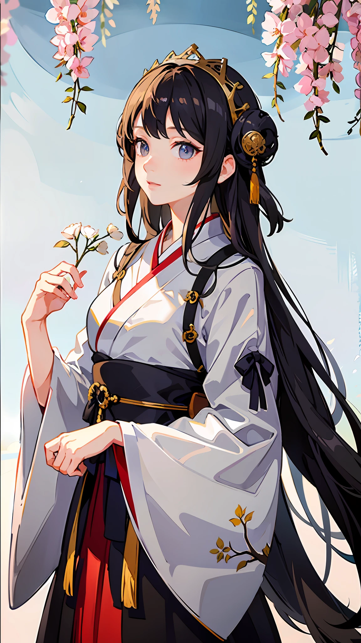masterpiece, best quality, ((willow trees)), upper body, 1girl, standing, hanfu, detailed eyes, medium breasts, peaceful, looking at viewer, black hair,