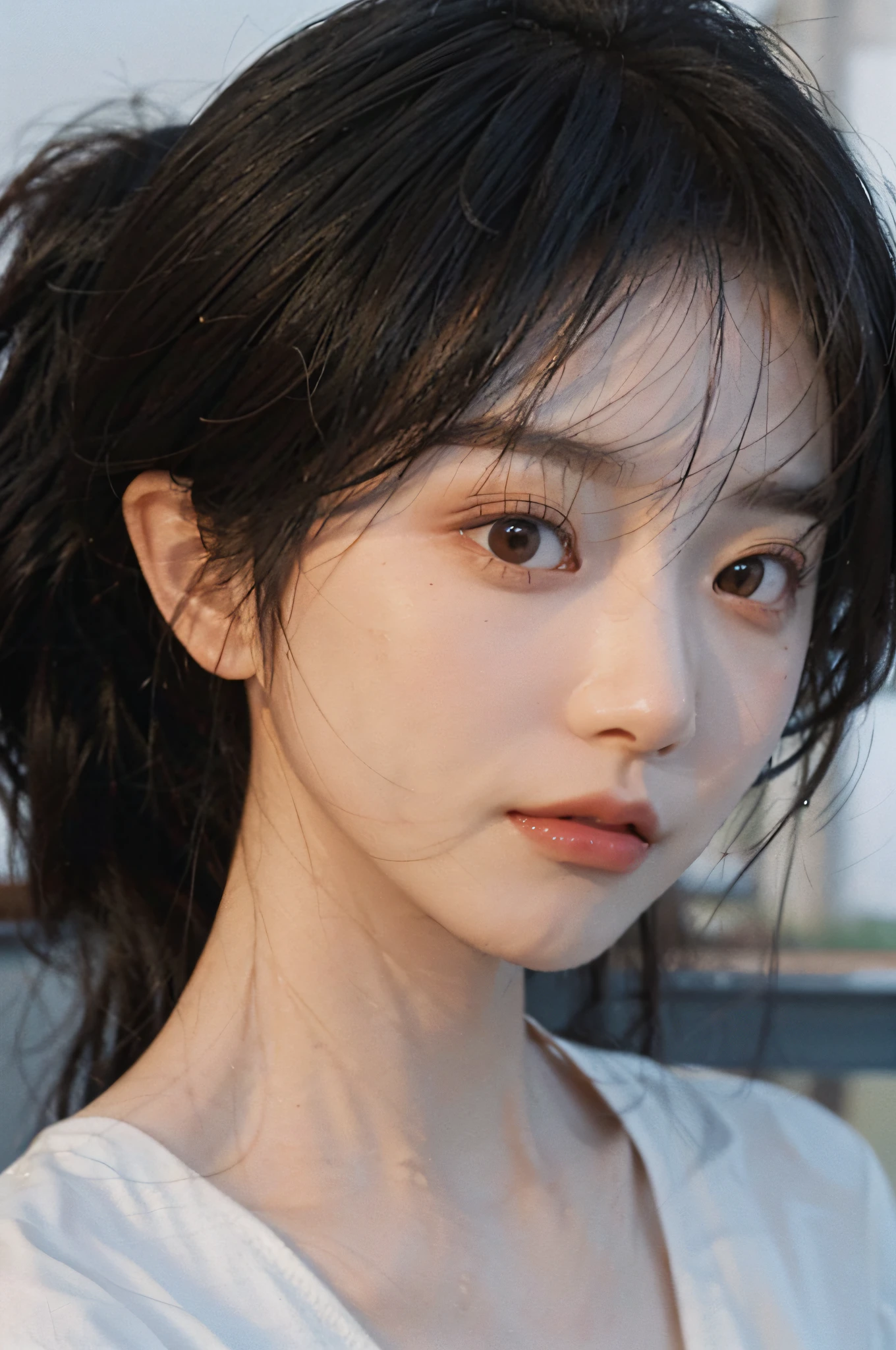 Temperament girl, delicate facial features, bangs, brown ponytail, messy hair, hair is very realistic, wearing a white shirt with short sleeves, the background is the sky, sea view, Du Qiong, exquisite makeup, light red lips, big eyes, double eyelids, black holes, bright eyes, symmetrical face, face is very real, meticulously portrayed the girl's face real human skin, blush, super high face value goddess level, looking at the audience, very realistic skin, skin oil reflection, artwork, clothes have a real fabric texture, Realistic painting, cinematic style, photography level, ray tracing, realistic light and shadow effects, realism, masterpiece, like the top photography effect, 8K