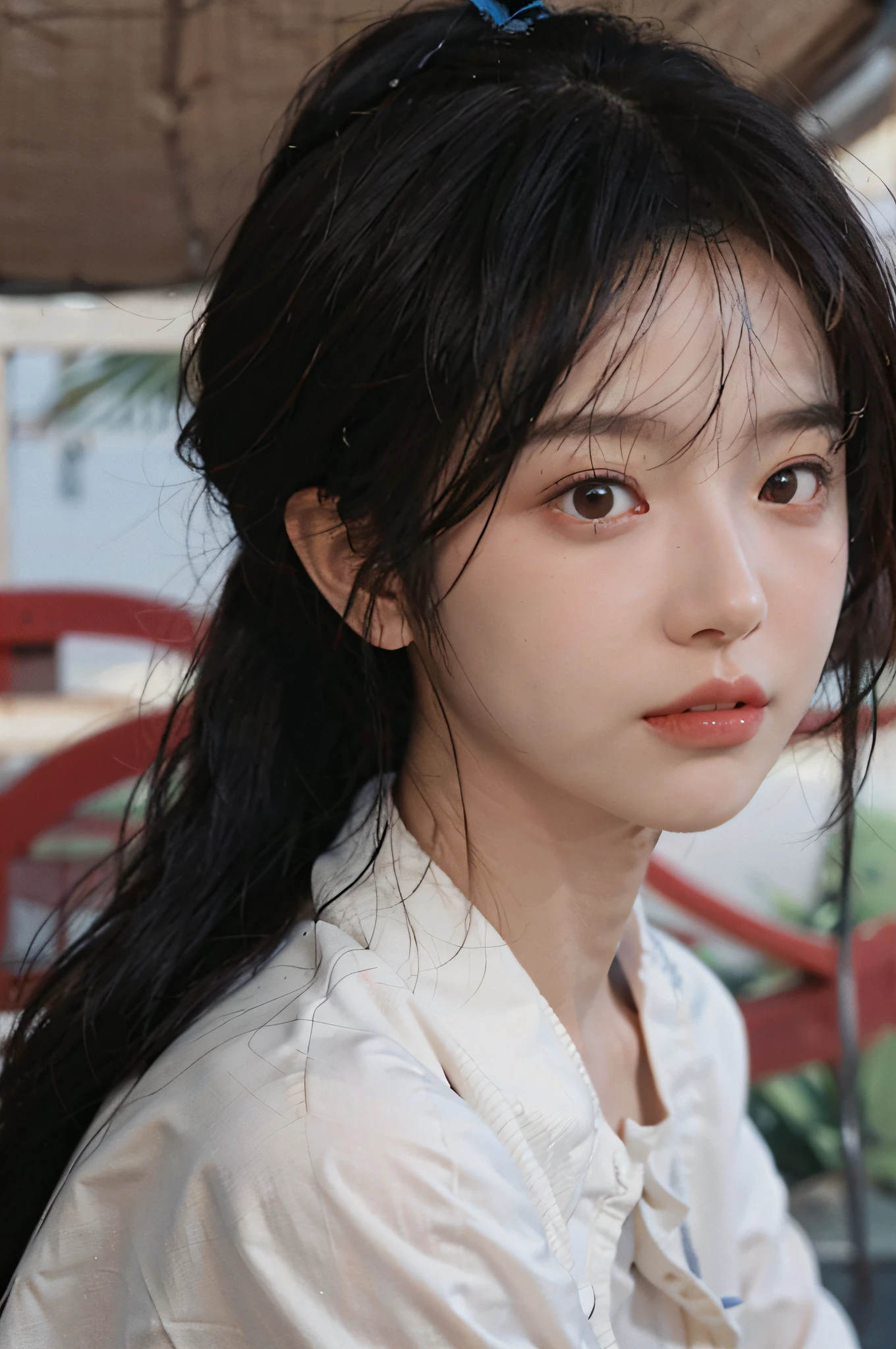 Temperament girl, delicate facial features, bangs, brown ponytail, messy hair, hair is very realistic, wearing a white shirt with short sleeves, the background is the sky, sea view, Du Qiong, exquisite makeup, light red lips, big eyes, double eyelids, black holes, bright eyes, symmetrical face, face is very real, meticulously portrayed the girl's face real human skin, blush, super high face value goddess level, looking at the audience, very realistic skin, skin oil reflection, artwork, clothes have a real fabric texture, Realistic painting, cinematic style, photography level, ray tracing, realistic light and shadow effects, realism, masterpiece, like the top photography effect, 8K