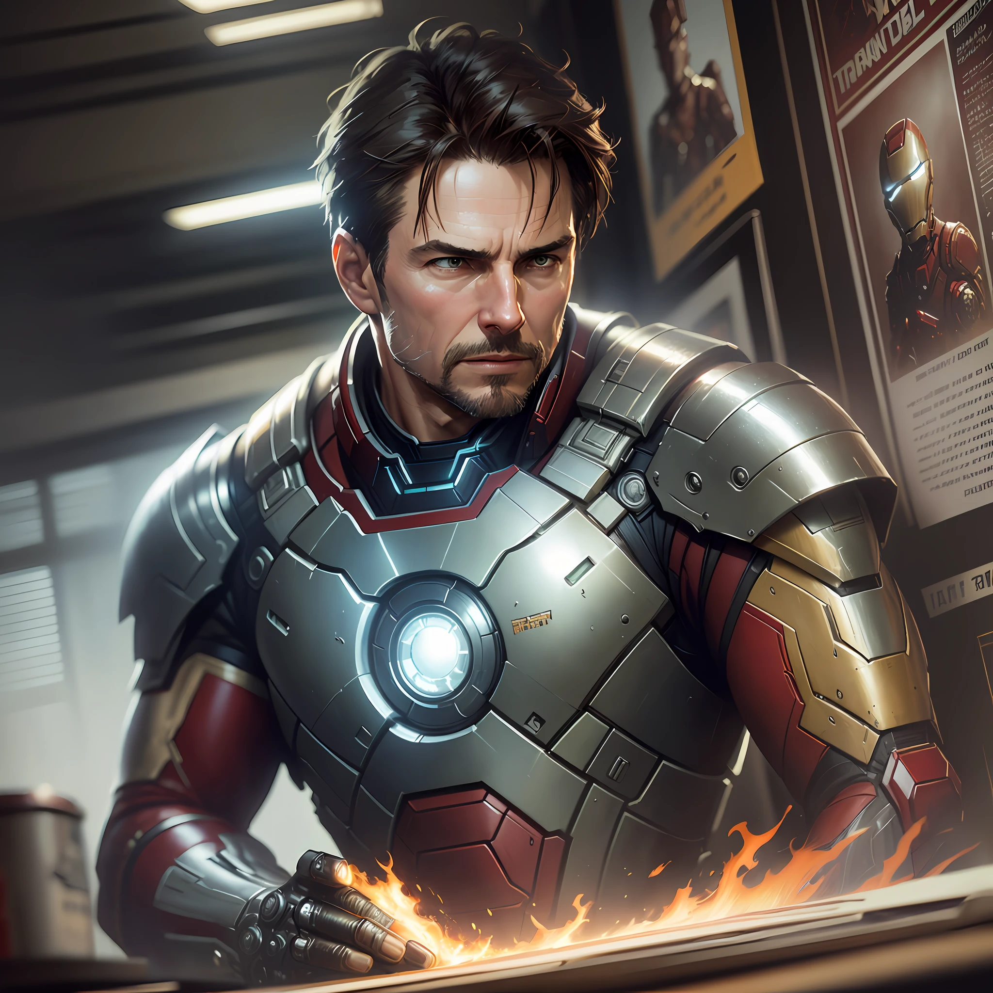 Tom Cruise as Iron Man, vhs effect, (poster: 1.2), poster on the wall, nostalgia, movie poster, (skin texture), intricately detailed, fine detail, hyperdetailed, ray tracing, subsurface scattering, diffuse soft lighting, shallow depth of field, by (Oliver Wetter) majestic professional oil painting by Ed Blinkey, Atey Ghailan, Studio Ghibli, by Jeremy Mann,  Greg Manchess, Antonio Moro, trend at ArtStation, trend at CGSociety, Intricate, High Detail, Sharp Focus, Dramatic and Photorealistic Painting Art of (Greg Rutkowski:1.4), Bokeh