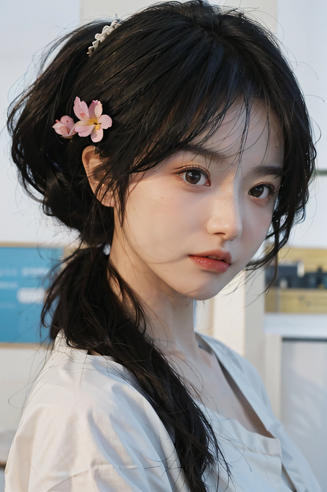 Temperament girl, delicate facial features, bangs, brown ponytail, messy hair, hair is very realistic, wearing a white shirt with short sleeves, the background is the sky, sea view, Du Qiong, exquisite makeup, light red lips, big eyes, double eyelids, black holes, bright eyes, symmetrical face, face is very real, meticulously portrayed the girl's face real human skin, blush, super high face value goddess level, looking at the audience, very realistic skin, skin oil reflection, artwork, clothes have a real fabric texture, Realistic painting, cinematic style, photography level, ray tracing, real light and shadow effects, realism, masterpieces, just like the top photography effects, 8K highest quality picture quality is full