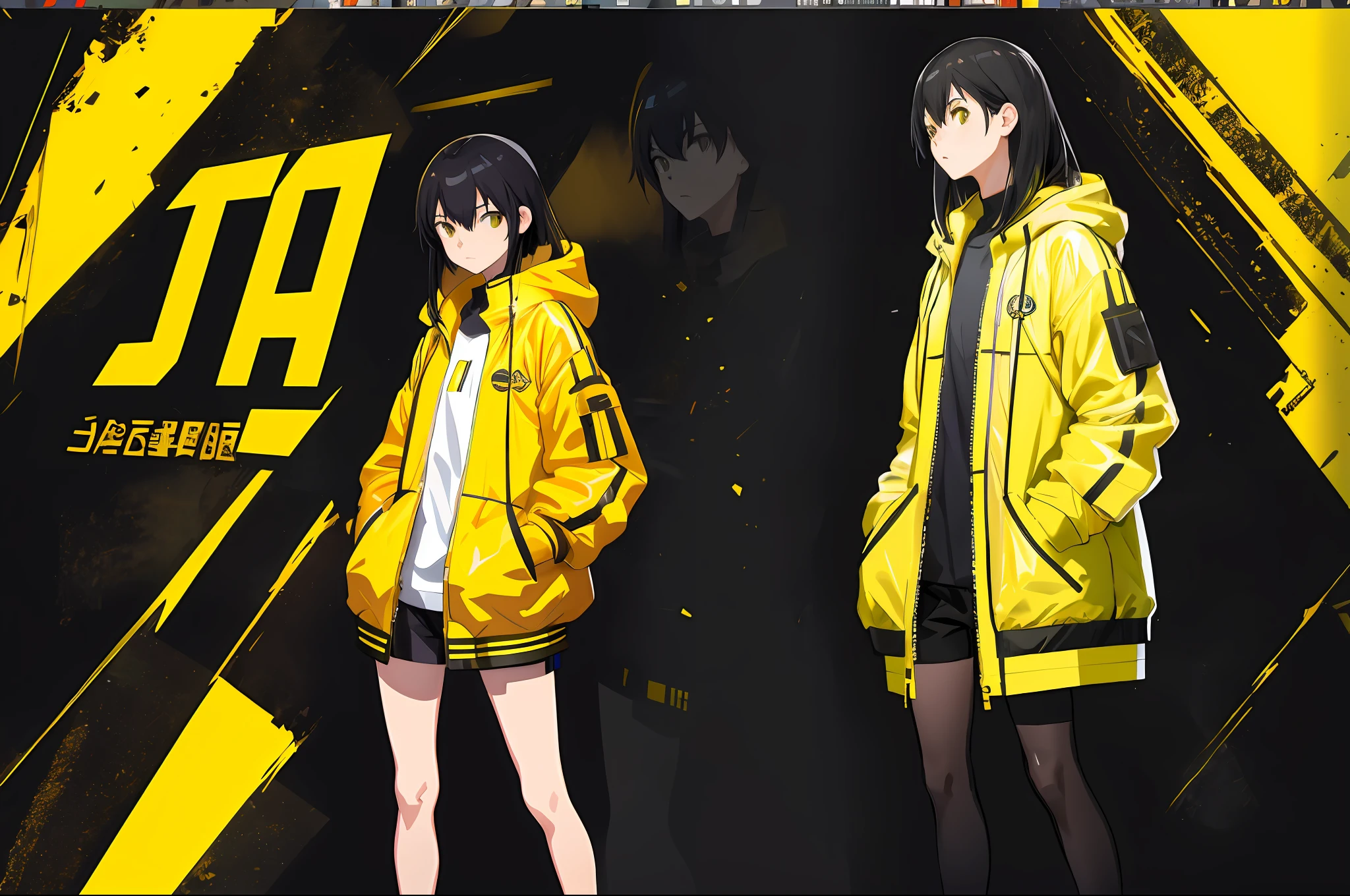 A girl, yellow jacket, black stockings, hands in pockets, staring at another person, messy long hair, 8k resolution, very detailed, anatomically correct, digital painting, concept art, Makoto Shinkai style, clear picture,