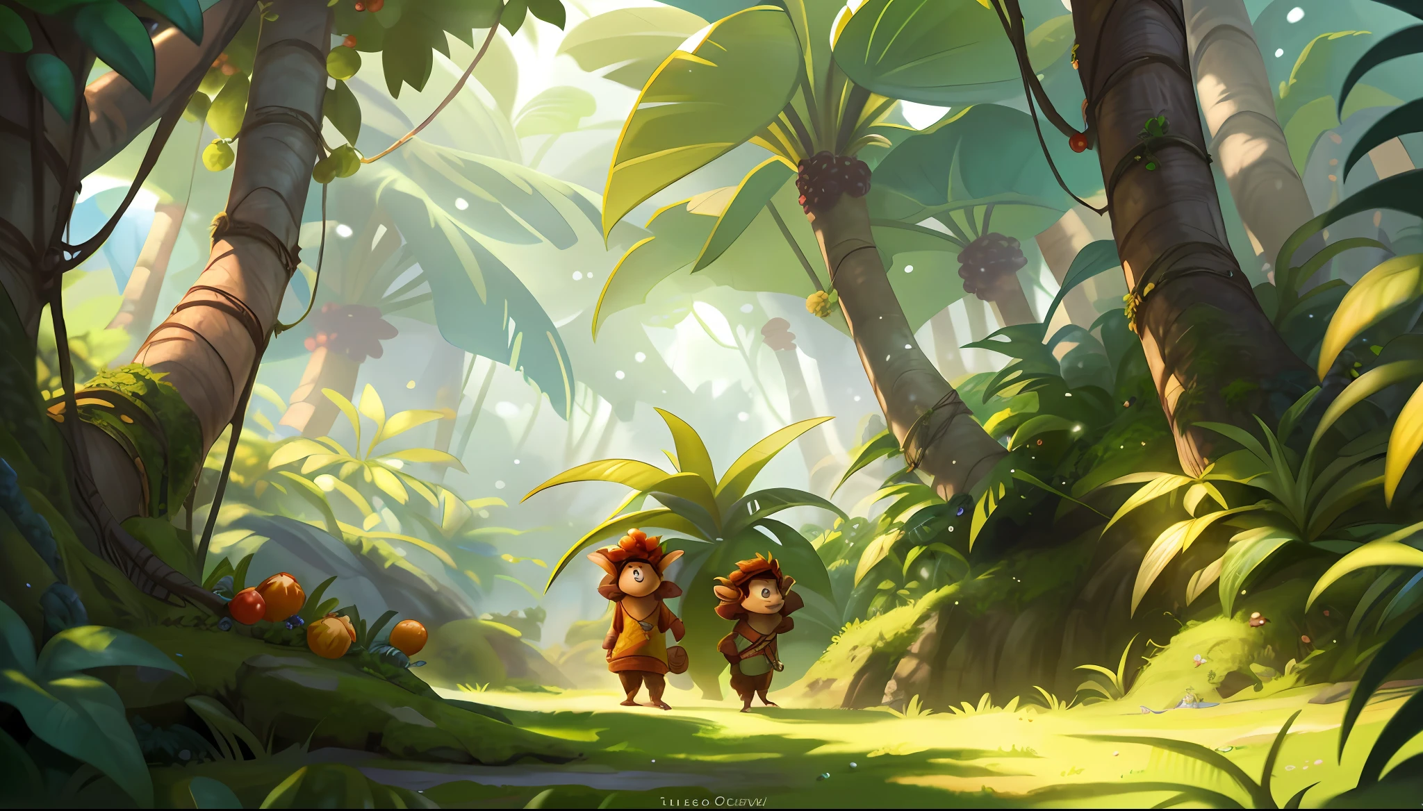 illustration game scene, The Croods, DreamWorks animation, background image of game characters, natural environment, high quality background image with empty ground, wide angle photography, fantasy plants, berries, moss, microscopic perspective, cartoon style, tropical plants, horizontal composition, bright, super high resolution, super high quality, clear detail, forest, game scene map
