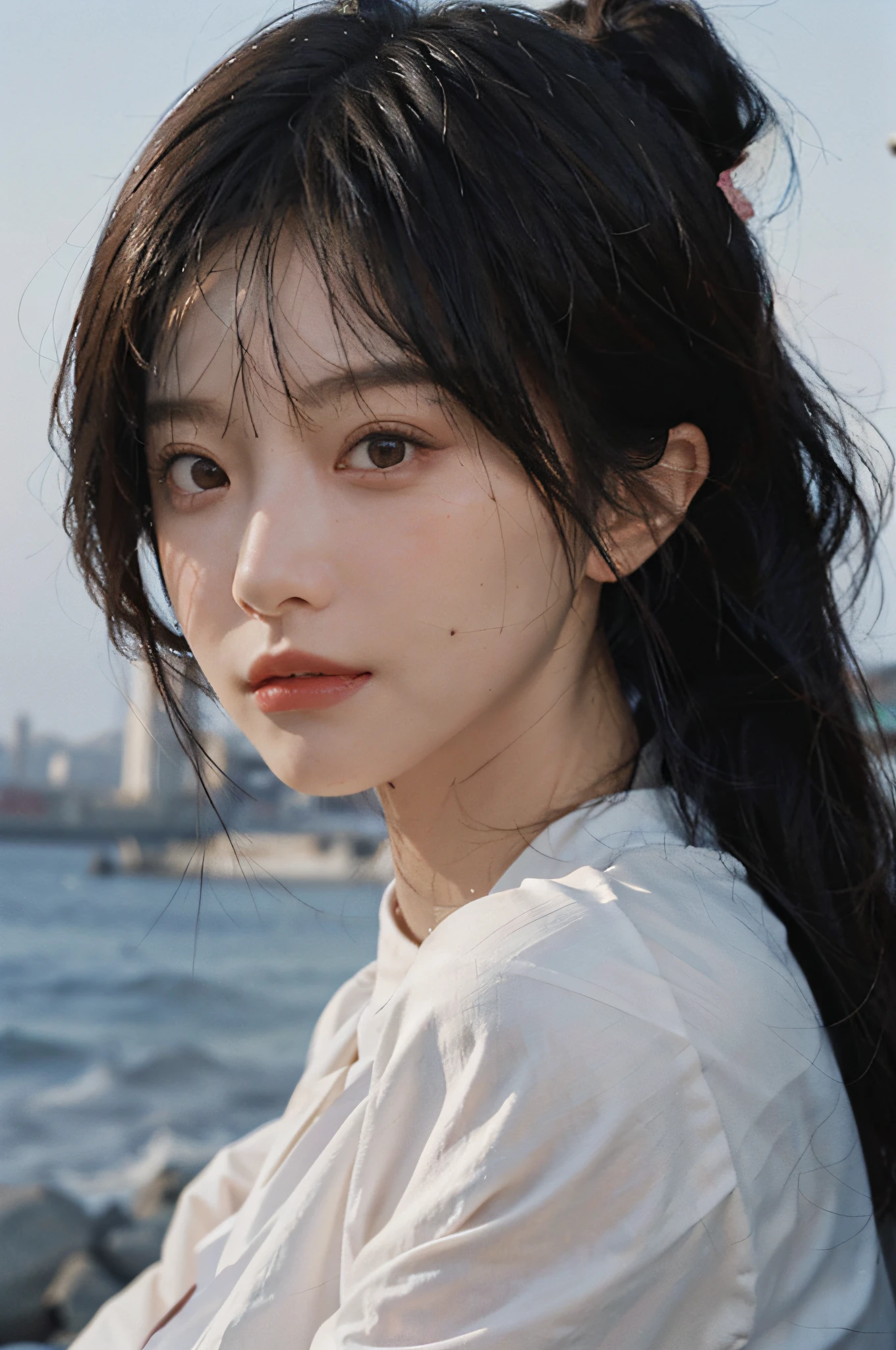 Temperament girl, delicate facial features, bangs, brown ponytail, messy hair, hair is very realistic, wearing a white shirt with short sleeves, the background is the sky, sea view, Du Qiong, exquisite makeup, light red lips, big eyes, double eyelids, black holes, bright eyes, symmetrical face, face is very real, meticulously portrayed the girl's face real human skin, blush, super high face value goddess level, looking at the audience, very realistic skin, skin oil reflection, artwork, clothes have a real fabric texture, Realistic painting, cinematic style, photography level, ray tracing, real light and shadow effects, realism, masterpieces, just like the top photography effects, 8K highest quality picture quality is full