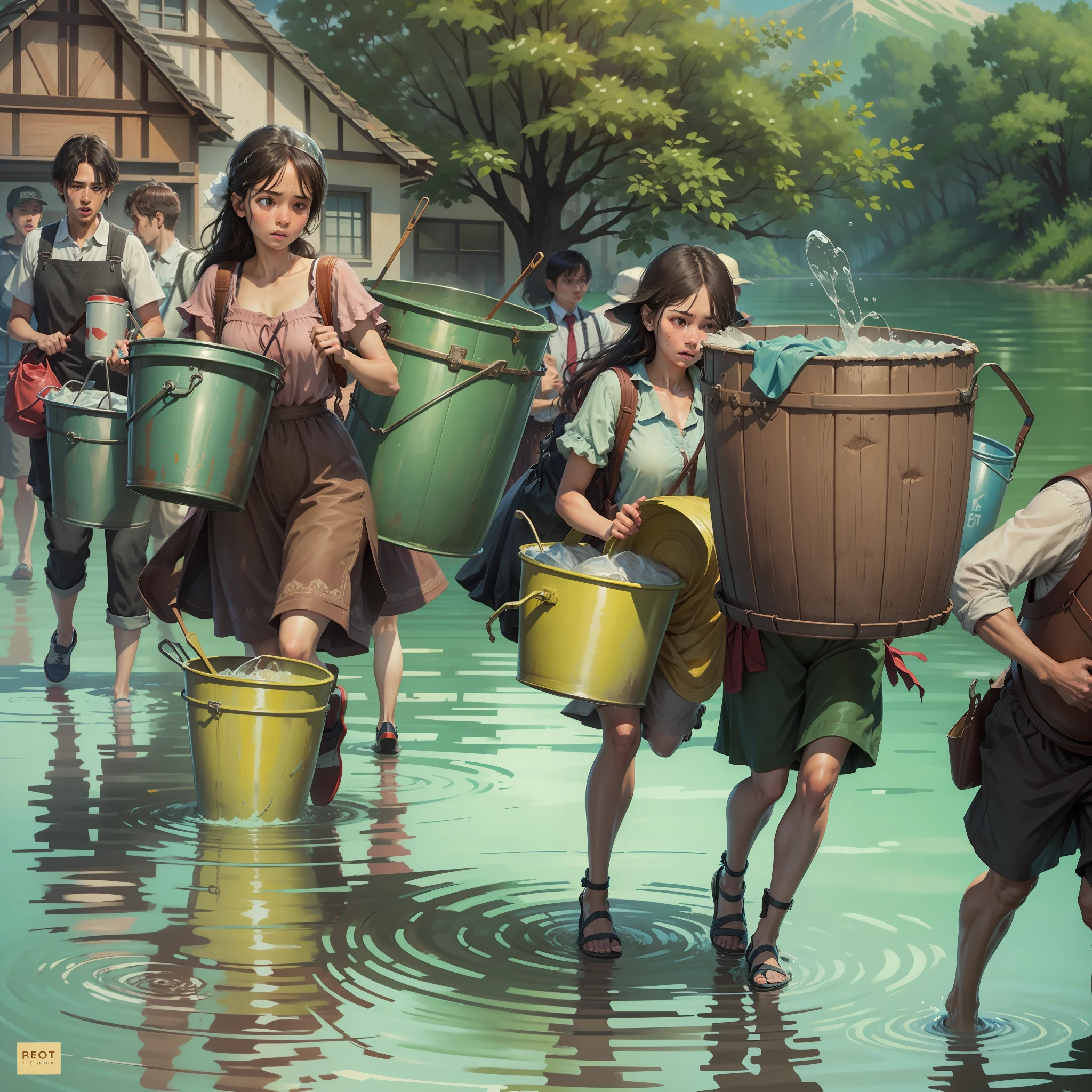 Several people carried two buckets of water home on the way