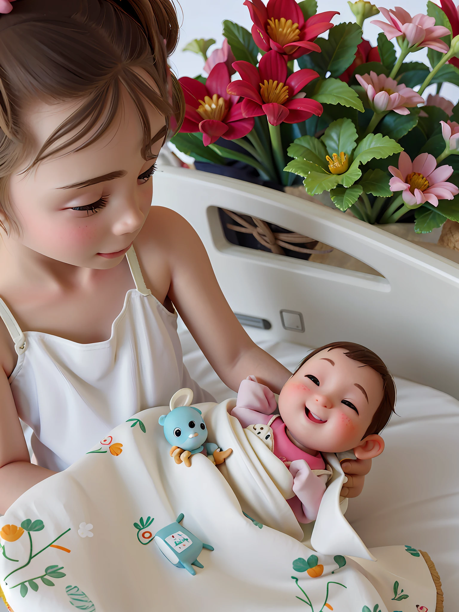 there is a that is holding a doll in a bed, heartwarming, an ultra realistic, photo taken with nikon d 7 5 0, photo taken with nikon d750, in detail, high resolution details, immaculately detailed, beautifully detailed, taken with sony a7r camera, petite, close angle, children's, closeup detailed