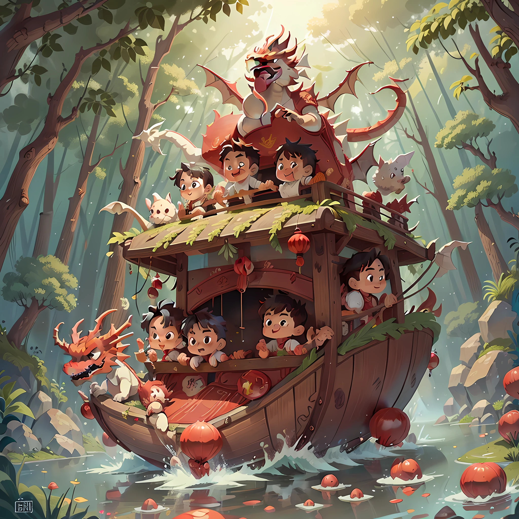 A group of cute boys and girls in a boat, the bow of the boat has a red (Chinese dragon head 1.5), Chinese dragon, Chinese style, in the bamboo forest, festive, happy, happy, perfect quality, clear focus, red as the main tone, colorful, perfect face, intricate details, ultra-low viewing angle, wide angle lens --v 6