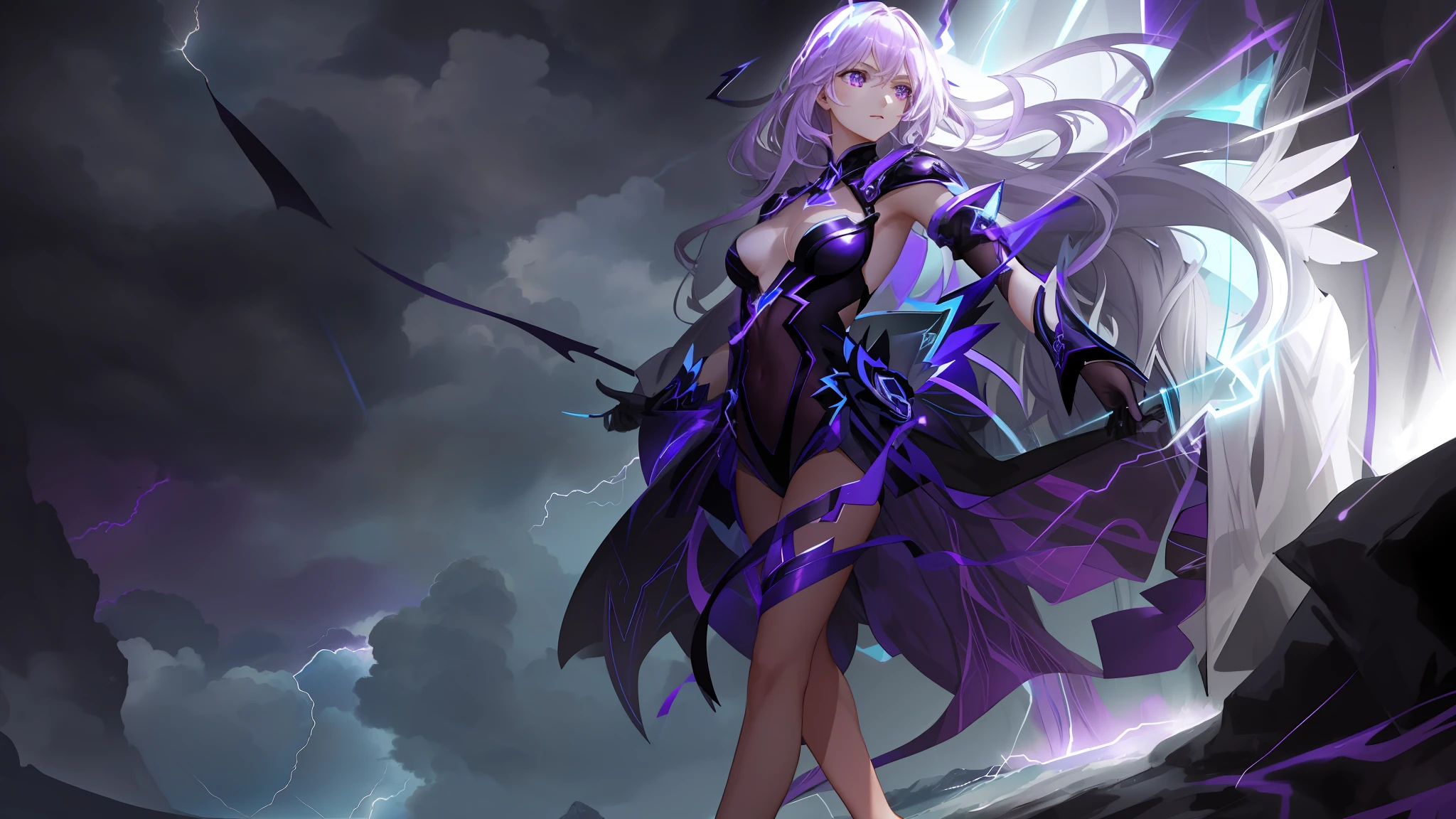 Feminine, lightning entangled, dark purple lines, masterpiece, perfect work, bare feet, unruly eyes, coordinated limbs, face refinement