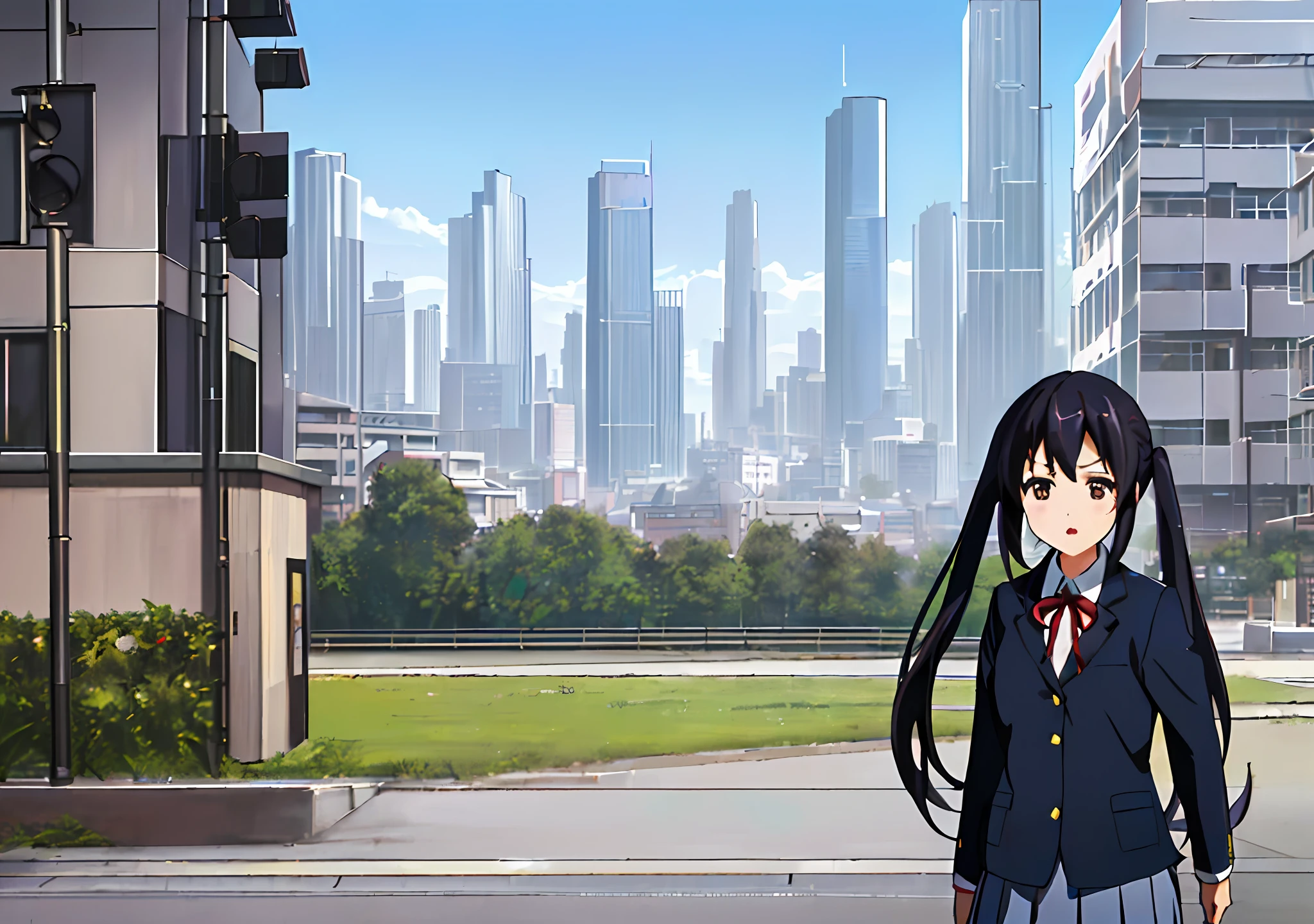 1girl, ((((Masterpiece))), Best Quality, Best Quality, High Detail, Azusa Nakano, 1girl, Sakuragaoka High School Uniform, Musical Instrument, School Uniform, Twin Tails, Long Hair, Black Hair, Brown Eyes, Solo, Red, Dark blue blazer with a thin ribbon of red, Solid white button shirt under blazer, Illustration, Cartoon, Soothing tones, Muted colors, Soft cinematic light, Adobe Lightroom, Photo Lab, HDR, complex and highly detailed, (((depth of field))))). (((Masterpiece))). (((highest quality))).) ((super detail))). (((Illustration))). (((Outside))). (((fighting stance))).,((((Giantization))).dynamic focus.small breasts. (((skyscrapers))). (((Cityscape))). (((Face of sadness))). open mouth.
