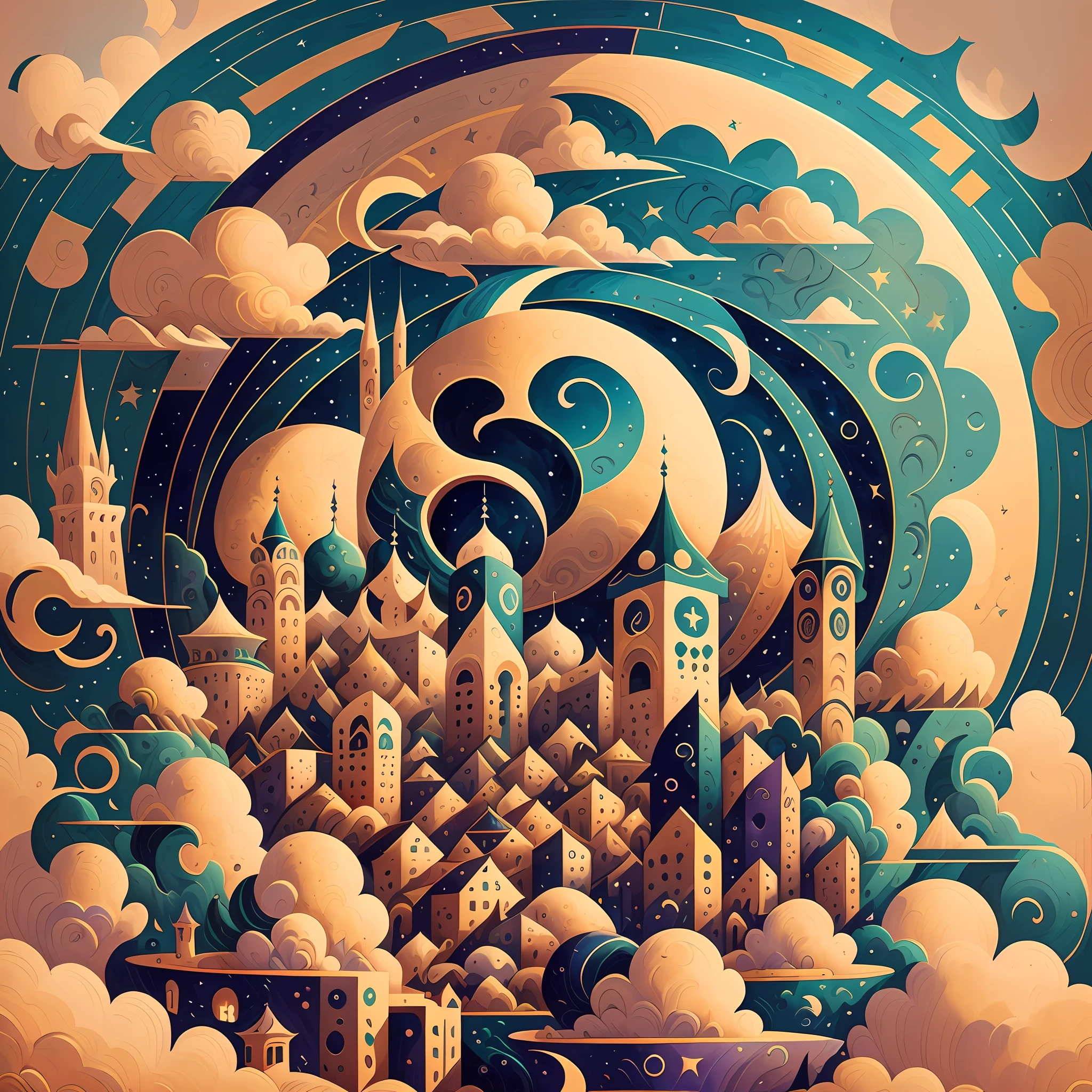sheep, crescent moon, mosque, clouds, Expressionism, Cubist Futurism, Futurism, Social realism, high quality, best quality, masterpiece, anatomically correct, 16k