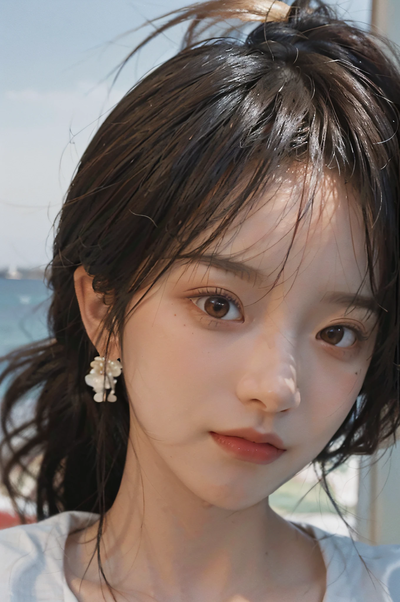 Temperament girl, delicate facial features, bangs, brown ponytail, messy hair, hair is very realistic, wearing a white shirt with short sleeves, the background is at the seaside, sea view, Du Qiong, exquisite makeup, light red lips, big eyes, double eyelids, black holes, bright eyes, symmetrical face, very real face, detailed portrayal of the girl's face real human skin, blush, super high face value goddess level, looking at the audience, very realistic skin, skin oil reflection, artwork, clothes with real fabric texture, Realistic painting, cinematic style, photography level, ray tracing, real light and shadow effects, realism, masterpieces, just like the top photography effects, 8K highest quality picture quality is full