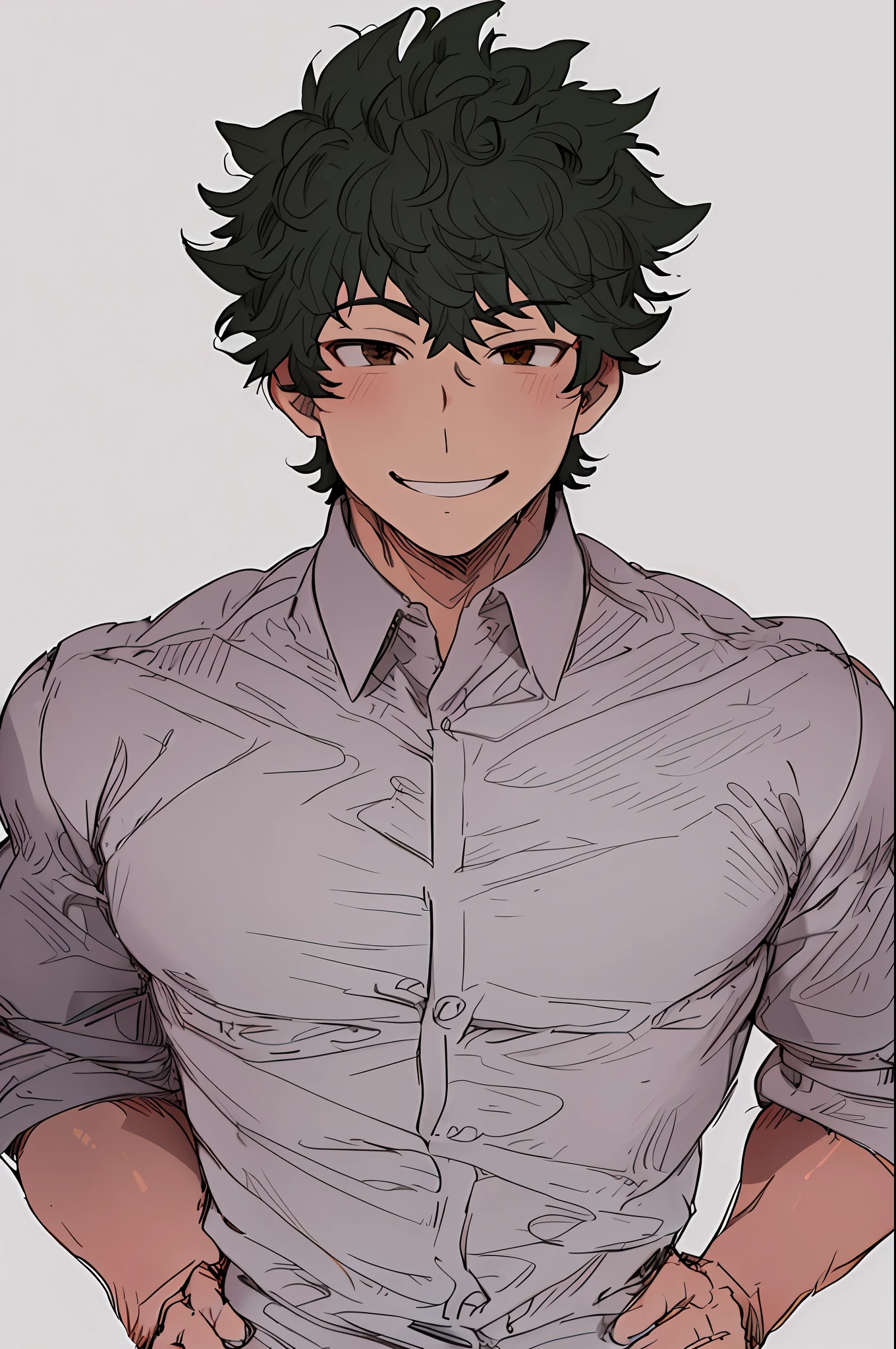 (best quality, masterpiece1.2), detailed, 1boy, solo, looking at viewer, simple background, upper body,
dynamic pose, smile, office man, mature man, tie, muscular man, male face1:1, smile, ((detailed eyes)), midoriya izuku, short curly black hair, brown eyes, white lightning,