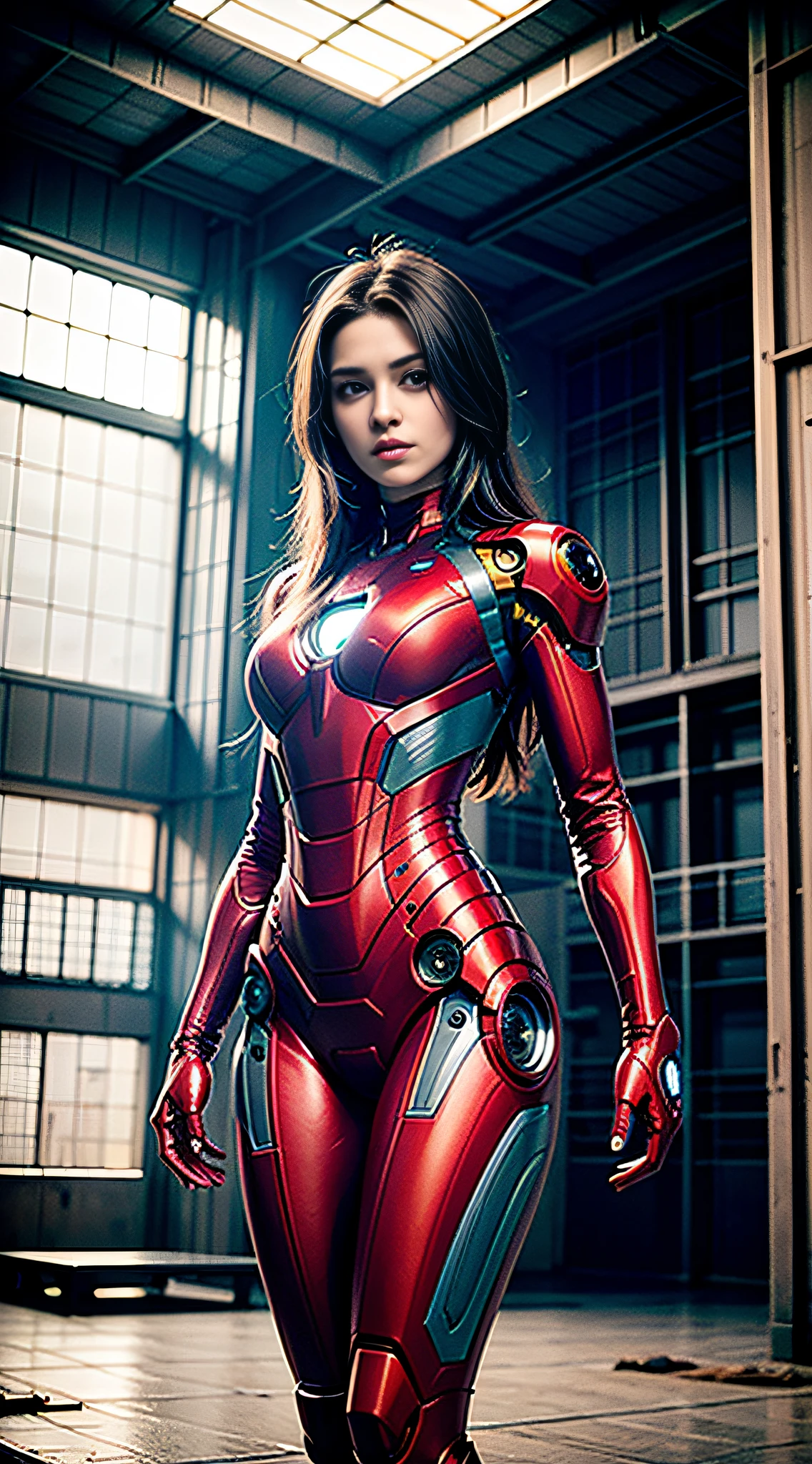 8k, realistic, attractive, highly detailed, a 20 year old girl a sexy and attractive woman inspired by Iron Man wearing a shiny Iron Man mech. She dresses with sexiness and confidence, perfectly interpreting Iron Man&#39;s strength and charisma. The abandoned warehouse serves as a backdrop, creating a unique atmosphere that highlights her bravery and perseverance. The cloudy sky adds a sense of tension and mystery to the whole scene. This high-definition, high-quality picture will bring you a shocking visual experience. The detailed abandoned warehouse and shiny mechs will keep your eyes on you. oc rendering, dramatic lighting, award winning quality