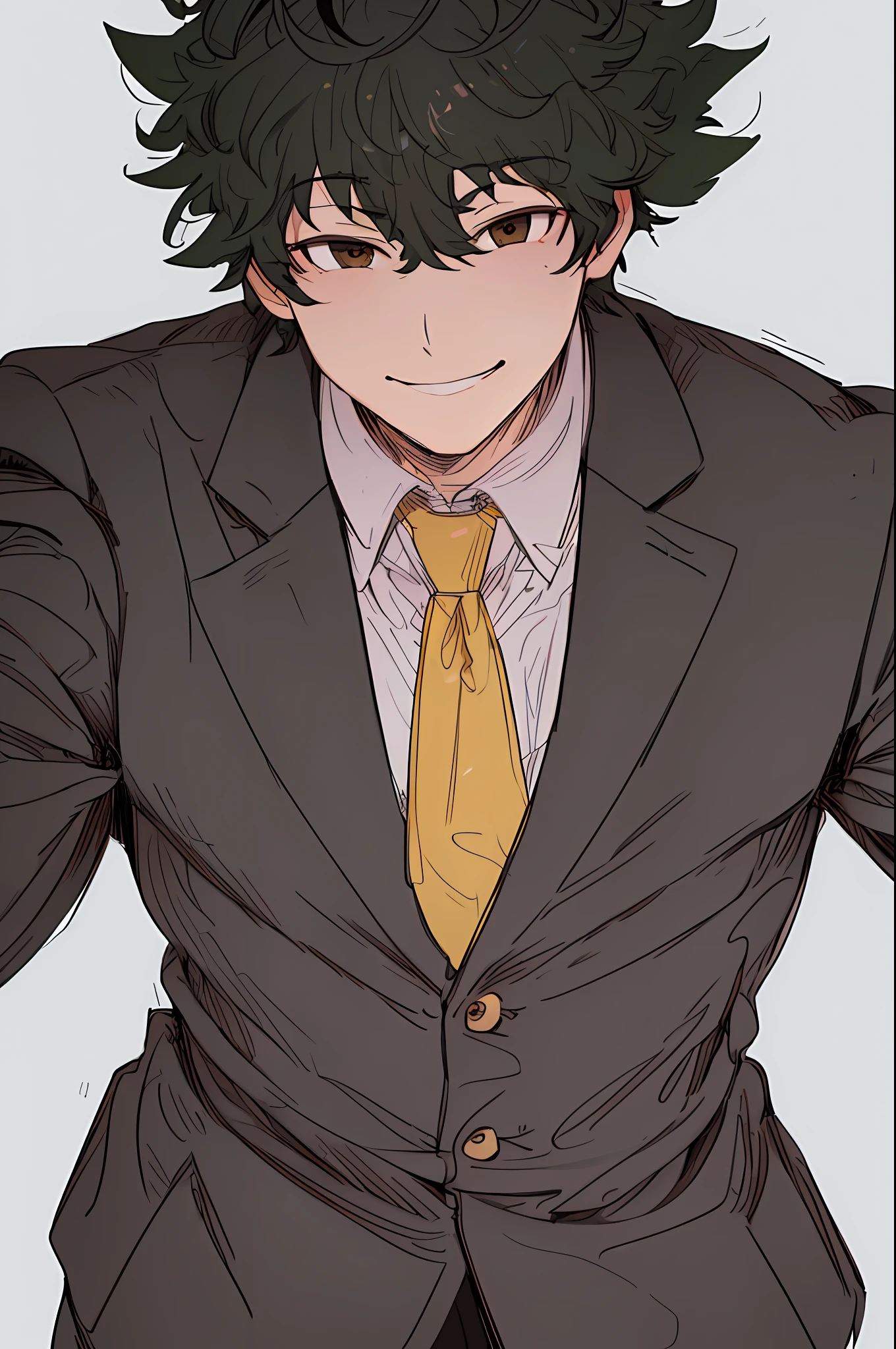 (best quality, masterpiece1.2), detailed, 1boy, solo, looking at viewer, simple background, upper body,
dynamic pose, smile, office man, mature man, tie, muscular man, male face1:1, smile, ((detailed eyes)), midoriya izuku, short curly black hair, brown eyes, white lightning,