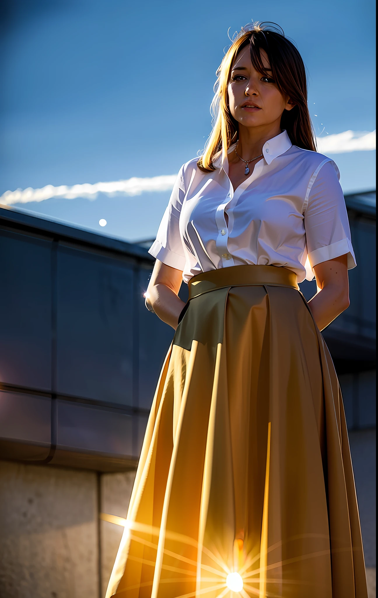 Delicate, masterpiece, fine, dramatic light, 1 girl, calm expression, charming eyes, straight hair, flowing skirt, calm posture, porcelain-like skin, subtle blush, crystal pendant BREAK Golden Hour, (edge lighting): 1.2, warm tones, sun flare, soft shadows, vivid colors, painting effects, fantastic atmosphere Depth of field, particle effects, high-quality shadows, intense action