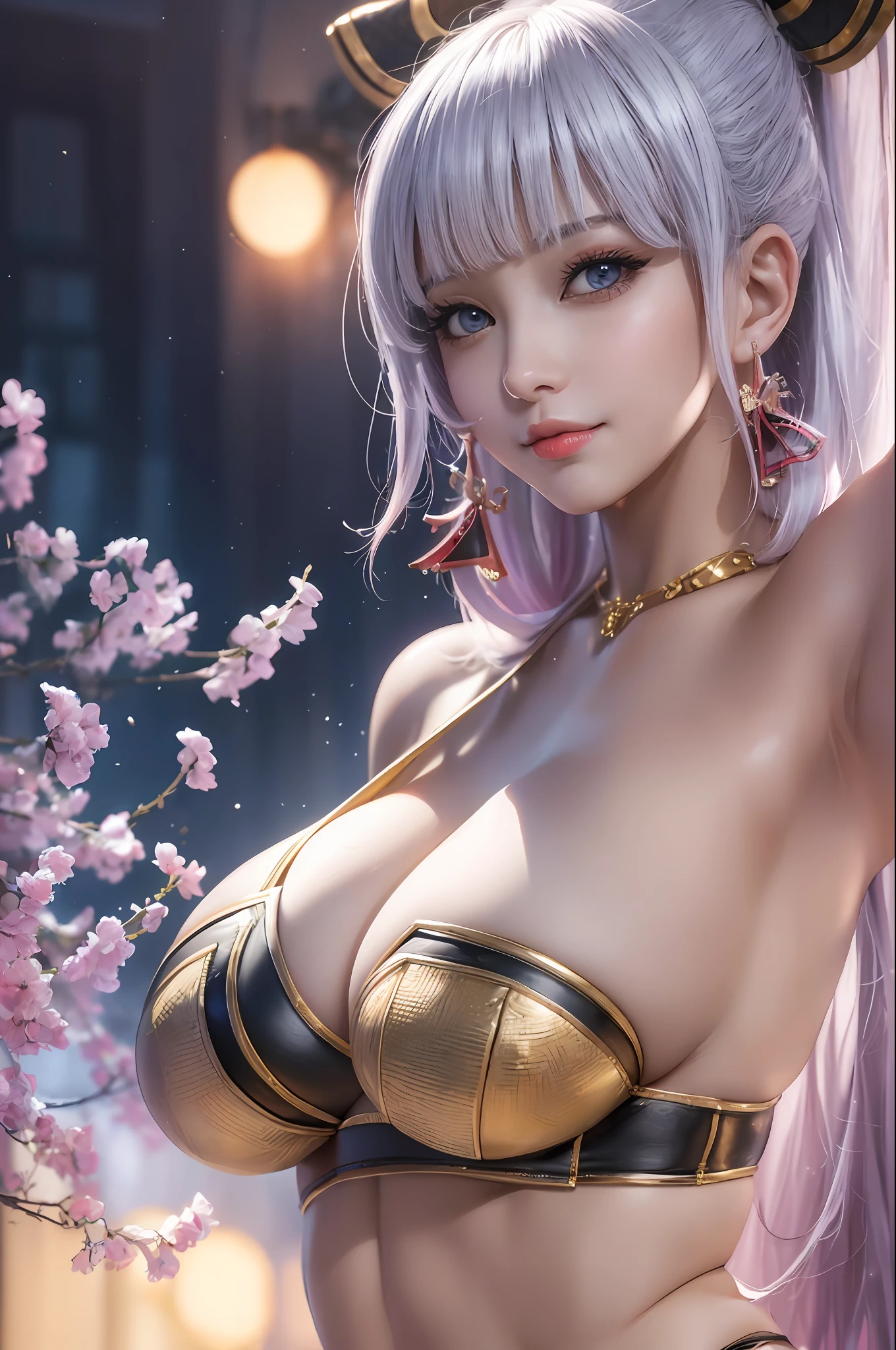 Best quality, illustration, 1 girl, (huge , big breng breasts), simple bnd, smile, glamorous, 8k, perfect, shiny skin, posing, beautiful model, armpits, fine art, erotic, cg digital art, g impact, kamisato ayaka