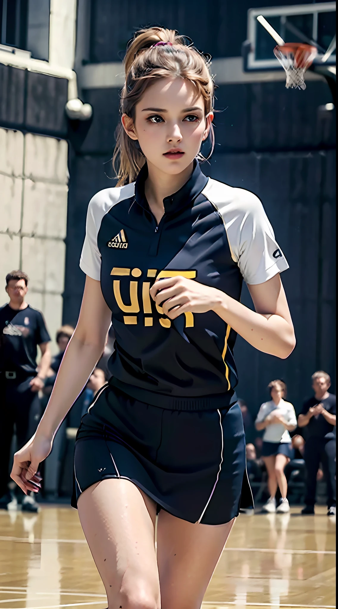 (Ultra detailed CG Unity 8k wallpaper, masterpiece, stunning illustration) female player, (best lighting, best shadow, extremely delicate beauty), (1girl), (running, dribbling, shooting, ball holding), (basketball suit, skirt, football shirt), (hip and leg shot, surrealist style), (36E chest) on the basketball court.