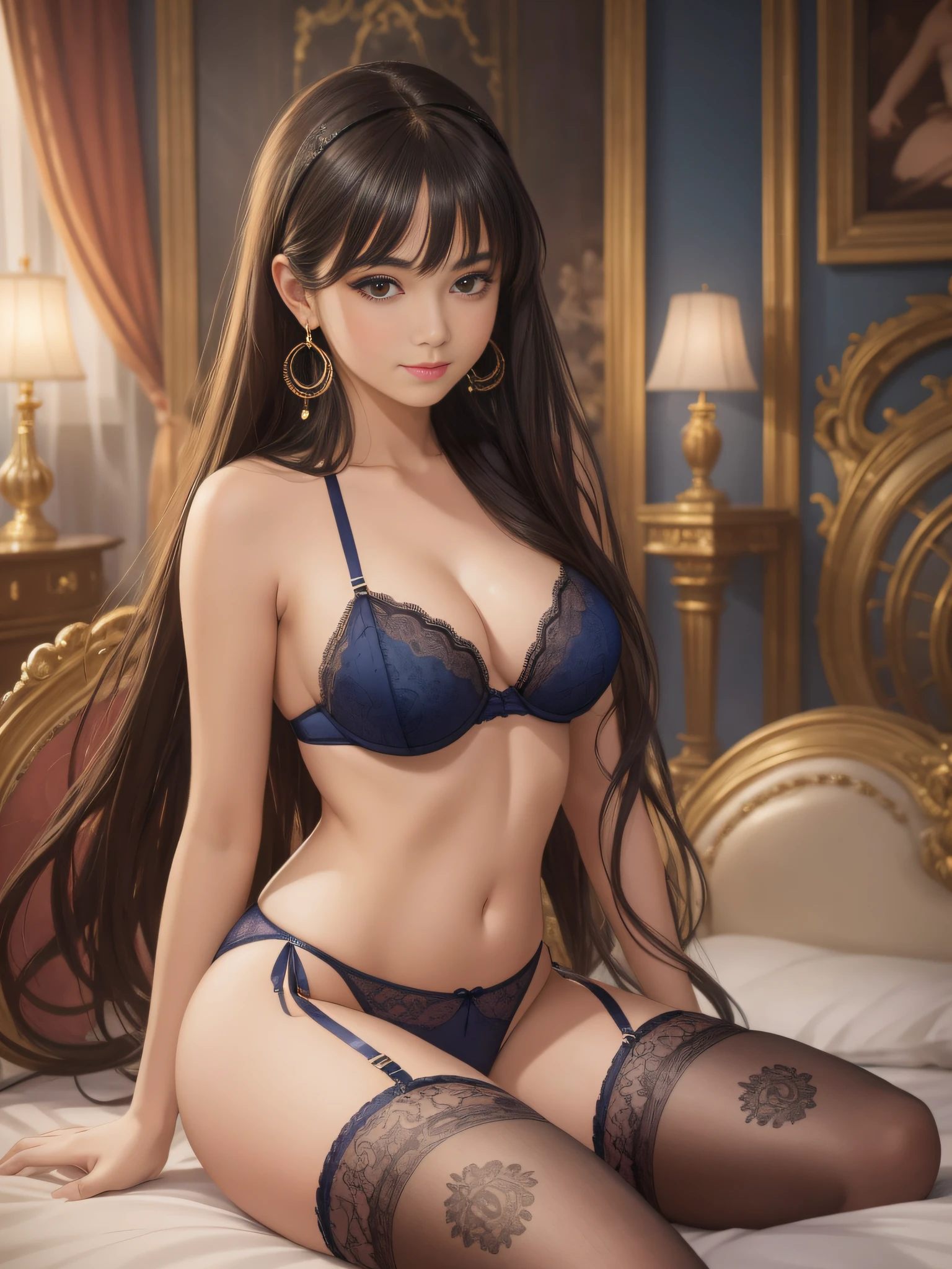 sfw,art masterpiece,full frame,full length,perfect anatomy body,petfect anatomy hands,perfect atatomy legs,Indian goddess goddess 18 years old with very long black hair with beautiful perfect oval face with bright brown big eyes and fluffy long lashes with small breasts in the ears beautiful long earrings with sapphire sits on the bed in a beautiful interior, romantic intimate setting boudoir, intimate light, the girl's mood flirts in front of the camera smiling, the girl's physique is exquisite graceful, the girl is wearing very sexy lace underwear with intricate patterns and stockings with garters and navy blue high heels,girl in a sexy pose looks very sexy and seductive,high resolution,clear focus,32k,met-art style photo,jerry gionis photo style,boudoir style photo,32k,depth of field, boke --auto --s2