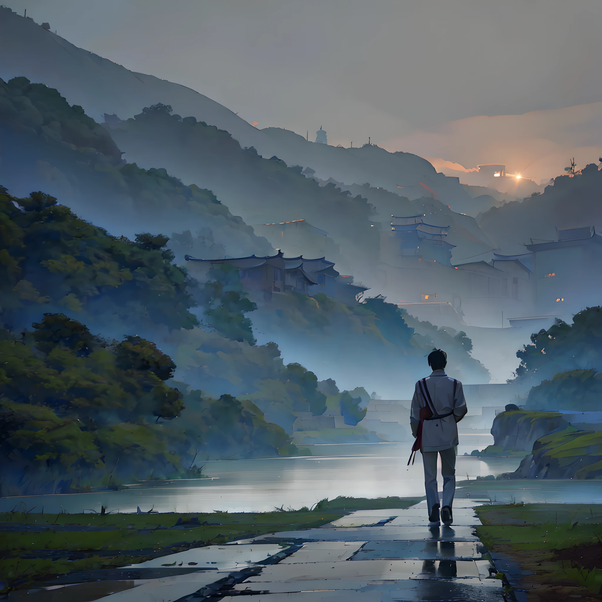 Masterpiece, of the best quality, a Chinese man, ragged, (carrying a gray bag), firm eyes, early morning, (gray sky), ((countryside)), walking into the distance,