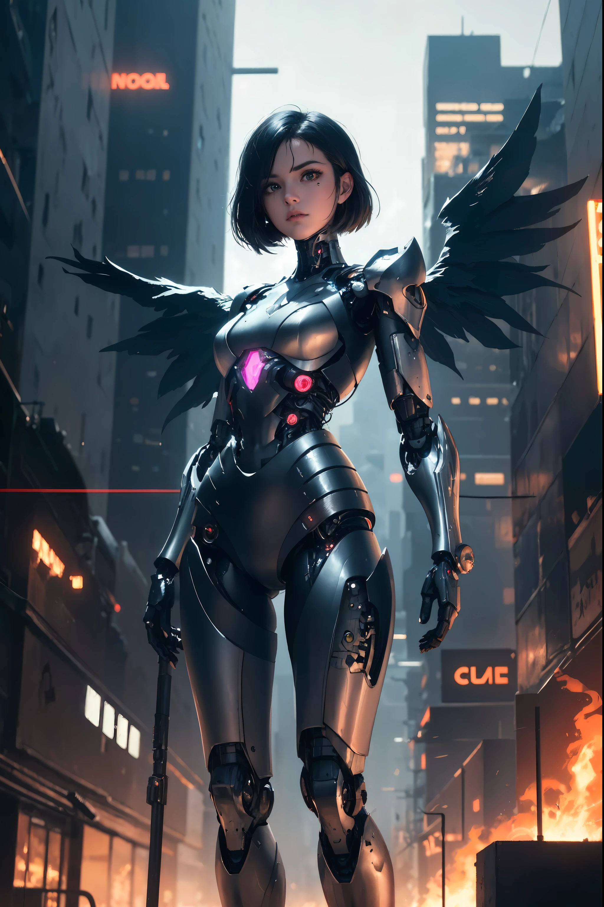 (8k), (simple background, white background: 1.3) ((single character)), (white background), very detailed face, masterpiece, beautiful girl, wearing tight metal armor, metal belt, electronic armor element, 20yo, skin under suit with glowing lines, shoulder-length black hair, a cyborg eye, upright, serious expression, cinematic lighting, flat chest