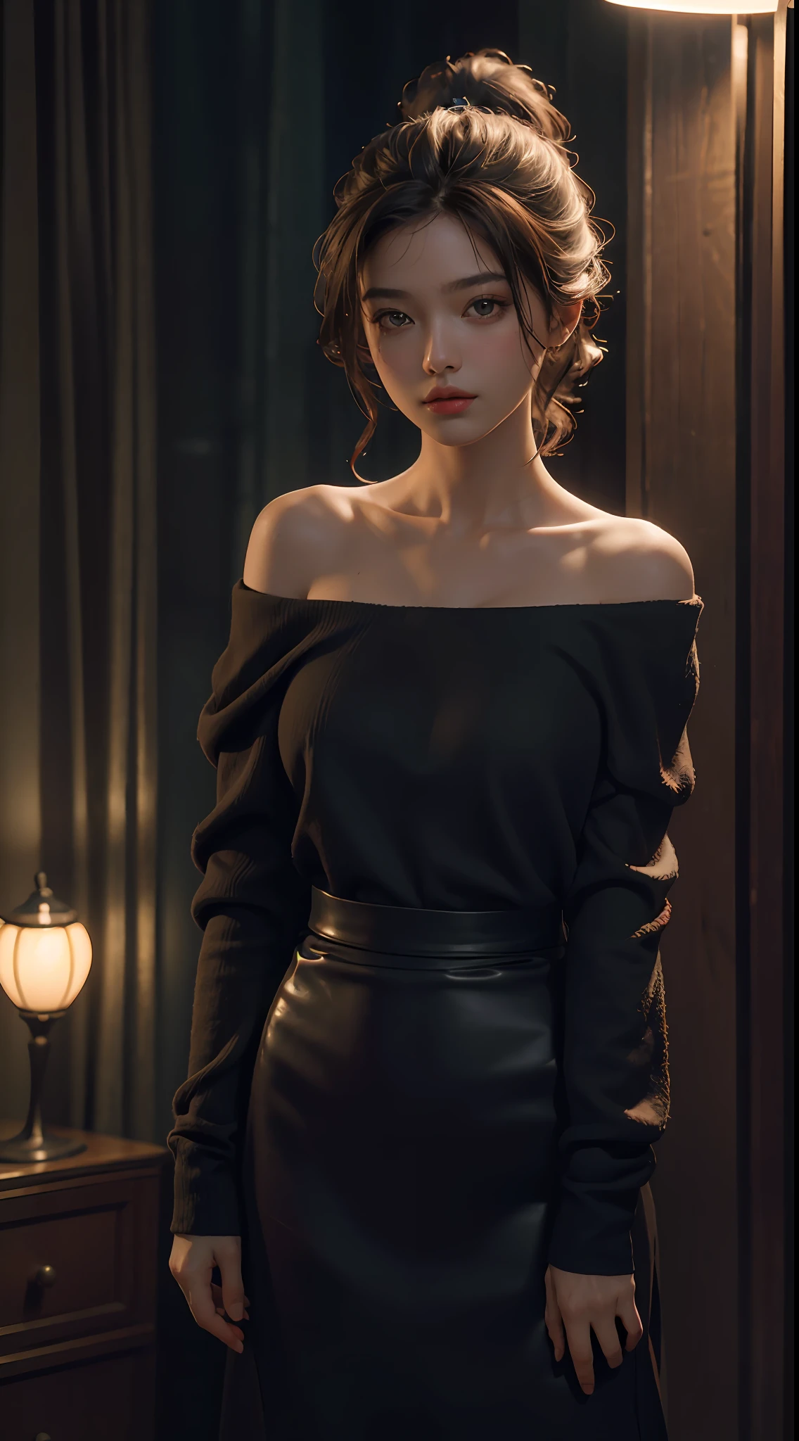 Best quality, masterpiece, ultra high res, (photorealistic:1.4), raw photo, 1girl, off shoulder, cinematic lighting