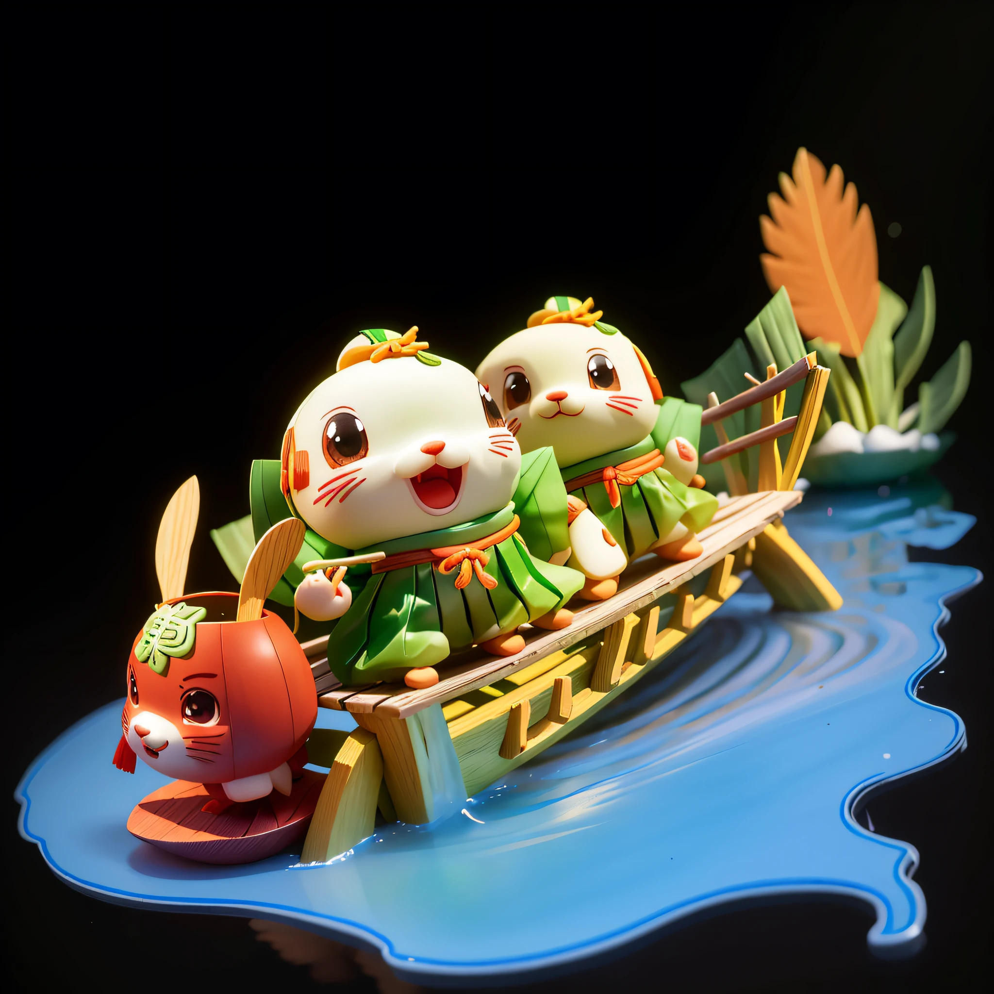 (Two zongzi wearing green zongzi leaf skirts), ((zongzi)), moe, rice, meat dumplings, holding wood pulp paddling on the water on the water, splashing, reunion, cute 3D rendering, detailed digital art, cartoon characters, digital painting, cute! c4d, (white background), super detailed, thanks to Chi Ding, 3d model of Japanese mascot, cute forest creature, the illustration is HD illustration in 4K resolution with very detailed facial features and cartoon style visuals