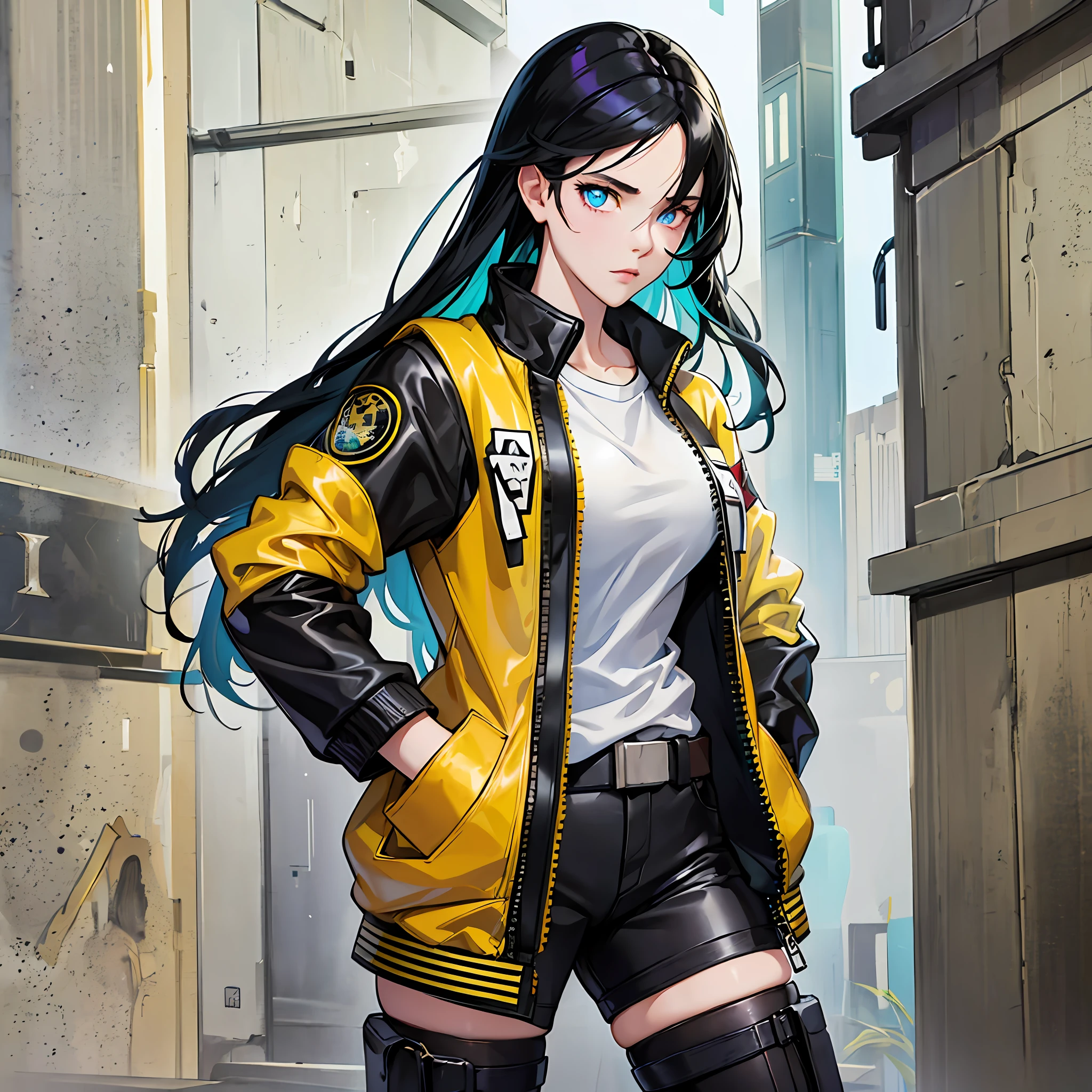 A girl, yellow jacket, hands in pockets, staring at another person, long black hair, heterochromic eyes, heterochromic eyes, heterochromic pupils, 8k resolution, very detailed, anatomically correct, digital painting, concept art, Makoto Shinkai style, clear picture, --auto --s2