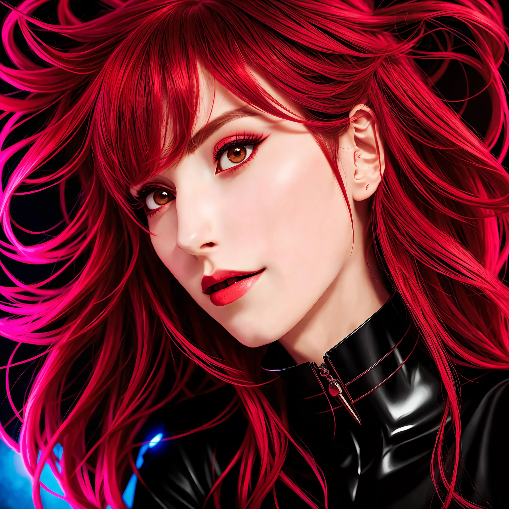 there is a woman with a red shirt and a black choker, amouranth, better known as amouranth, androgynous person, attractive androgynous humanoid, young beautiful amouranth, androgynous male, beautiful asuka from evangelion, delicate androgynous prince, portrait androgynous girl, halfbody headshot