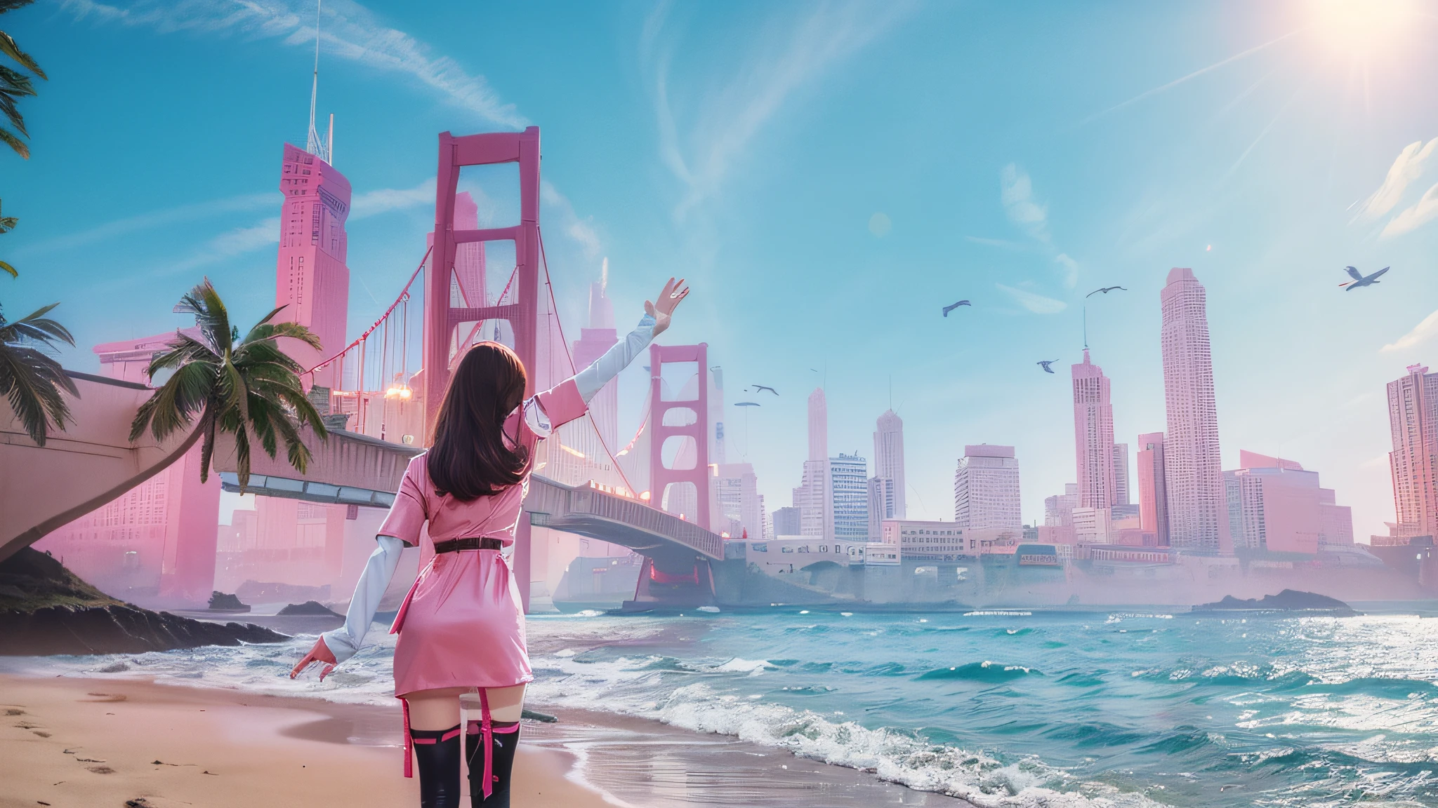 Sunny weather, sunny noon, beautiful sky, 1girl, a girl in pink gel coat, back, beckoning, right leg with black stockings, standing on the beach by the sea, city and bridge in the distance, delicate skin, upper body, close-up, 8k, RAW photo, best picture quality, masterpiece, realism, realism, split bangs, long hair