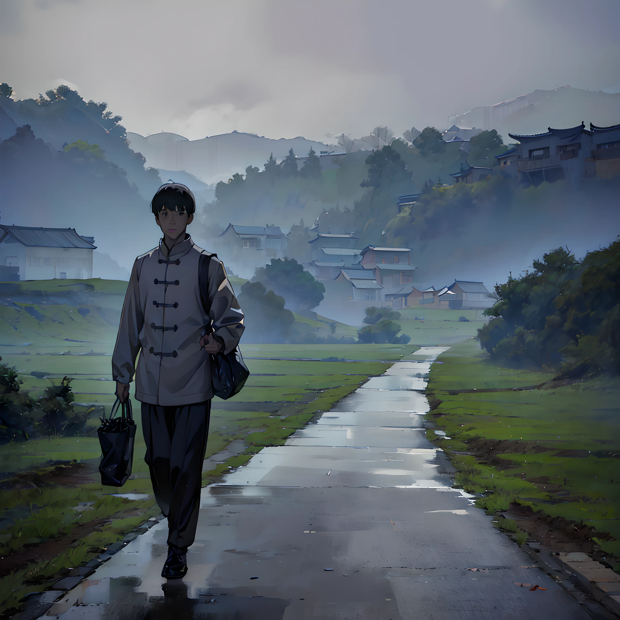 Masterpiece, of the best quality, a Chinese man, ragged, (carrying a gray bag), firm eyes, early morning, (gray sky), ((countryside)), walking into the distance,