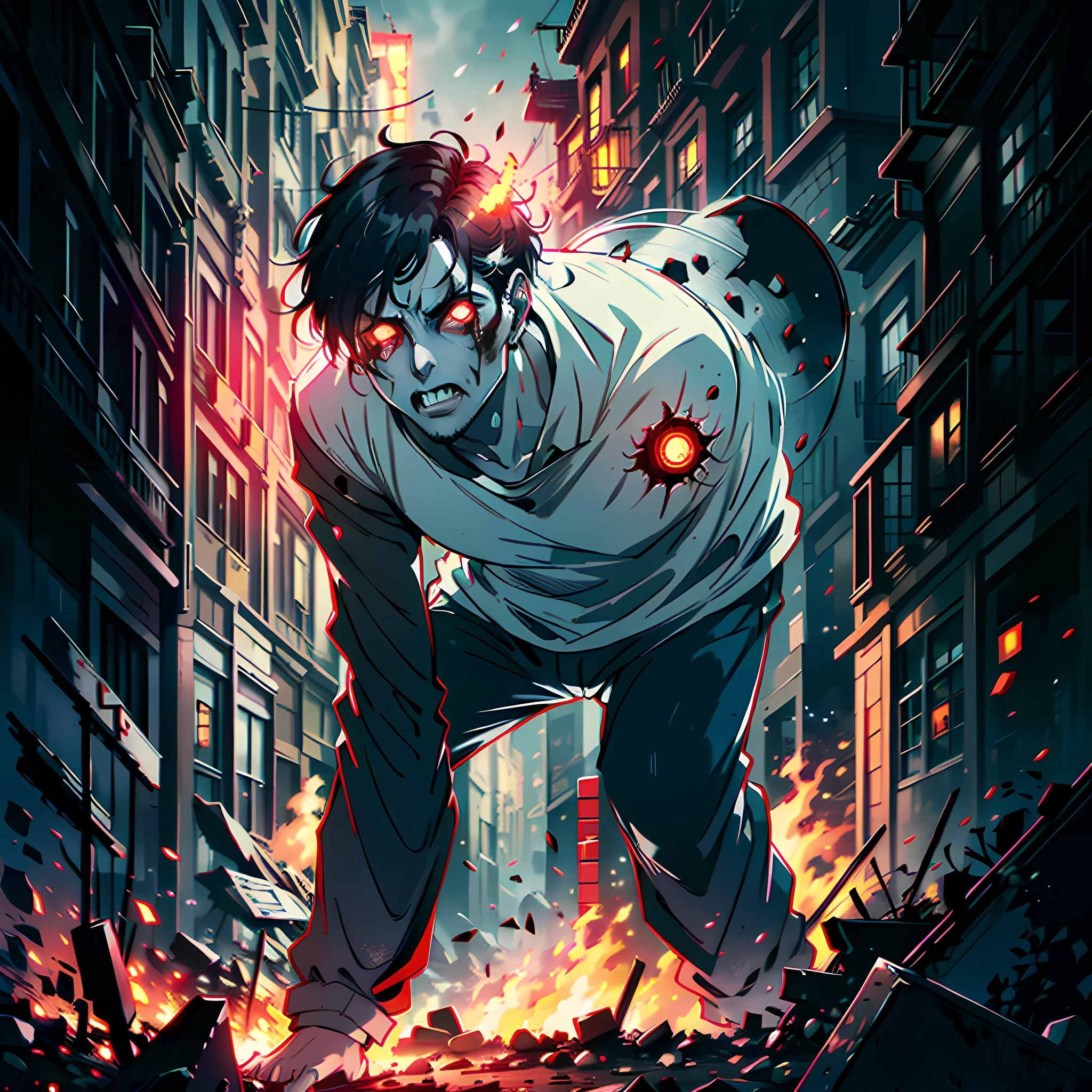 At night, on the street, red moon, several male zombies stood up from the ground, bent over, white eyes, black hair, no blood, rubble, firelight, ruins, super high detail, high real, 4K, chiaroscuro, super high detail