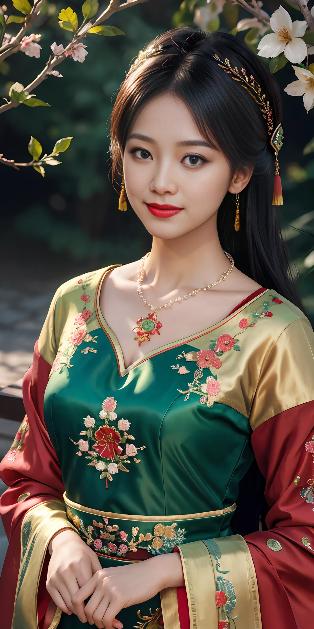 Superb Style, Masterpiece, High Resolution, 1Girl, Blush, Smile, Star Eyes, Red Gorgeous Chinese Dress, (Exquisite Embroidery: 1.2), Hair Accessories, Necklaces, Jewelry, Beauty, on_body, Tyndall Effect, Realistic, Shadow Room, Light Edge, Two-tone Lighting, Sexy, Premium Color Matching, (High Detail Skin: 1.2), 8K UHD, SLR, Soft Light, High Quality, Volume Lighting, Candid Photo, High Resolution, 4K, 8K, Background Blur, Green, Flower Branches