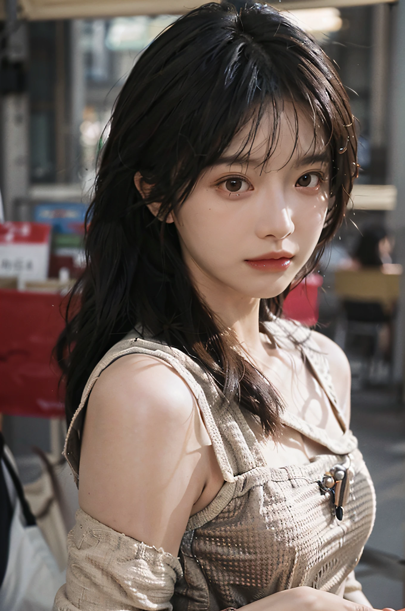 Temperament girl, delicate facial features, bangs, brown double ponytail, messy hair, hair is very realistic, wearing a short-sleeved dress, the background is a shopping mall, Du Qiong, exquisite makeup, light red lips, big eyes, double eyelids, black holes, bright eyes, symmetrical face, face is very real, meticulously portrayed the girl's face real human skin, blush, super high face value goddess level, looking at the audience, very realistic skin, skin oil reflection, artwork, clothes with real fabric texture, realistic painting, Cinematic style, photography level, ray tracing, real light and shadow effects, realism, masterpieces, just like the top photography effects, 8K highest quality picture quality is full