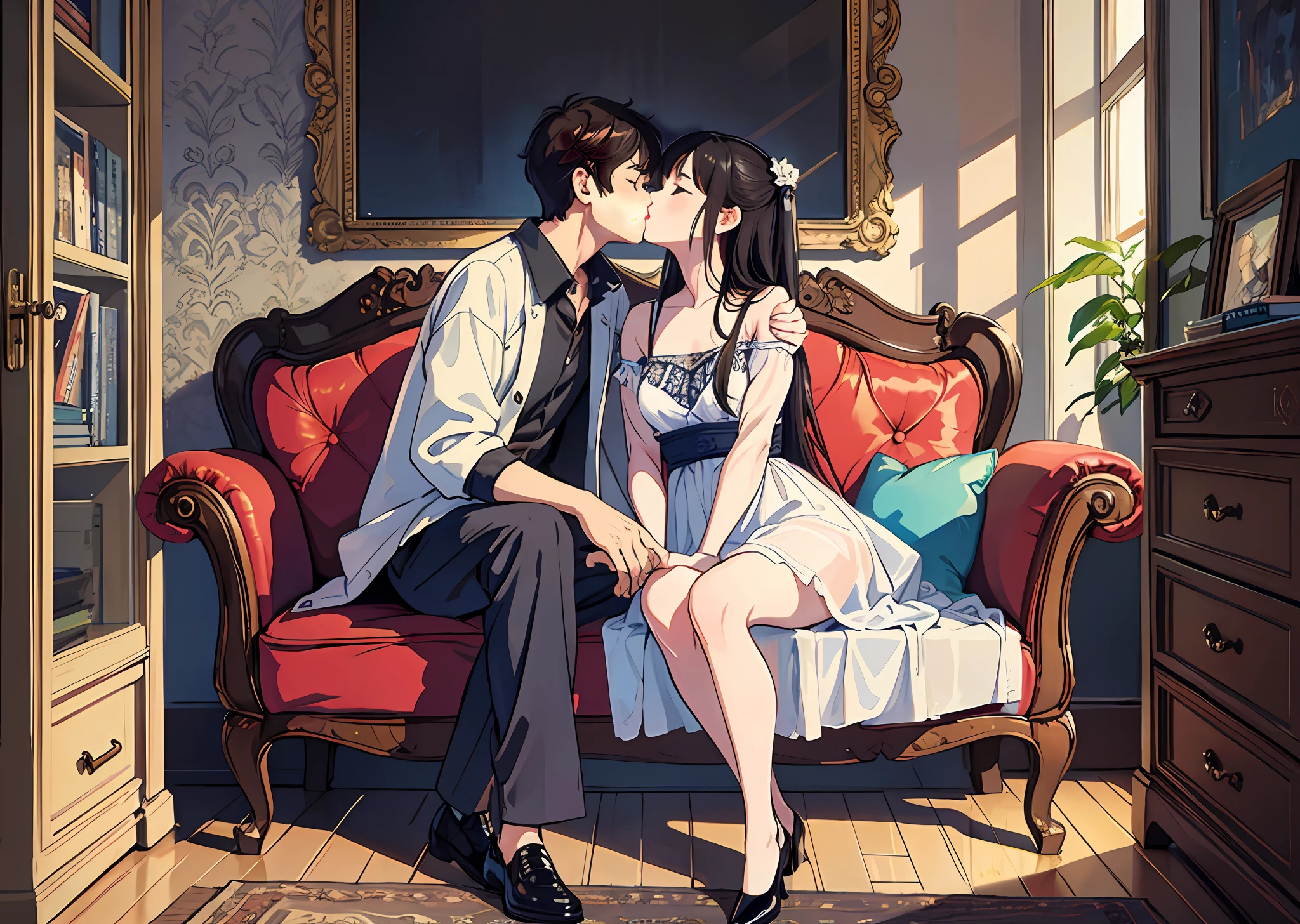 (masterpiece, best quality), 1 girl, 1 boy, kiss, couple, sofa