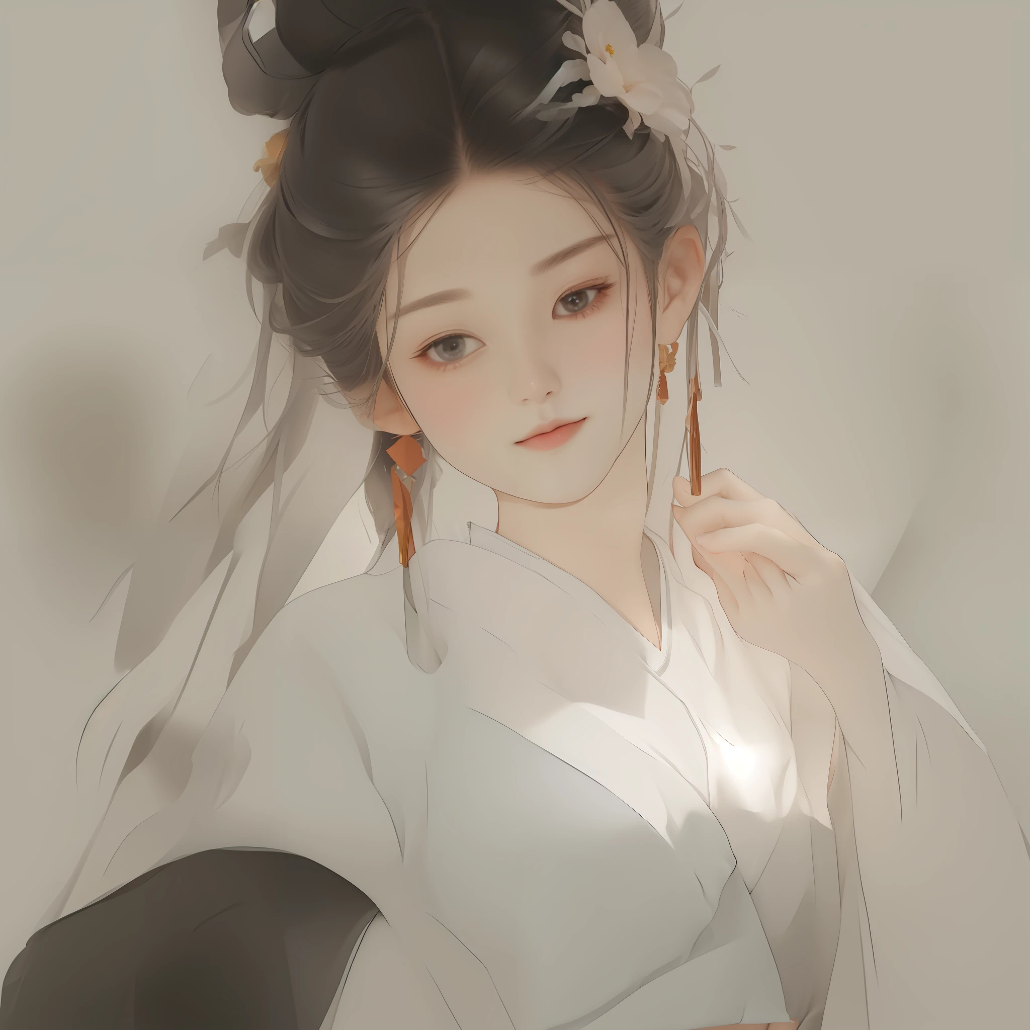 There is a woman sitting at the table, girl in white uniform, suspenders, off-the-shoulders, feminine, gorgeous, stunning, charming, cute, delicate wrists, elegant neck, bare shoulders, smooth skin, slender waist, clear face, masterpiece, super detail, epic composition, ultra hd, high quality, extremely detailed, official art, uniform 8k wallpaper, super detail, 32k
