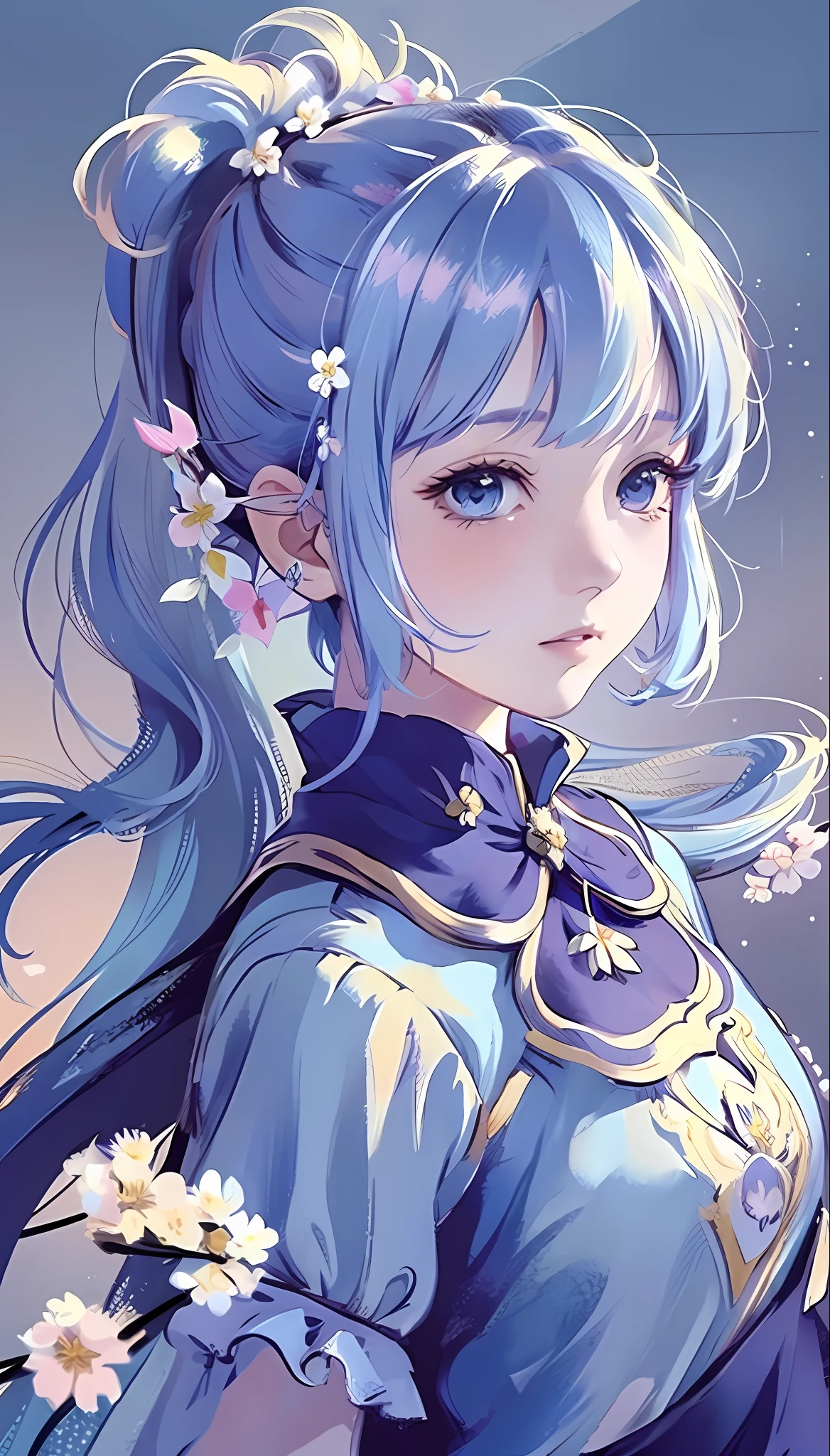 (masterpiece), (best quality), (ultra detailed),(disheveled hair),(illustration), (1girl), (Fashionable clothing), standing, Fashion model, looking at viewer, (interview), (simple background),beautiful detailed eyes, delicate beautiful face, Floating,(high saturation),(colorful splashes),colorful bubble,(shining), focus on face,  ponytail, kamisato ayaka, light blue hair, bangs, hair ring, floating flowers, floating hairs, (shining), best lighting, best shadow,