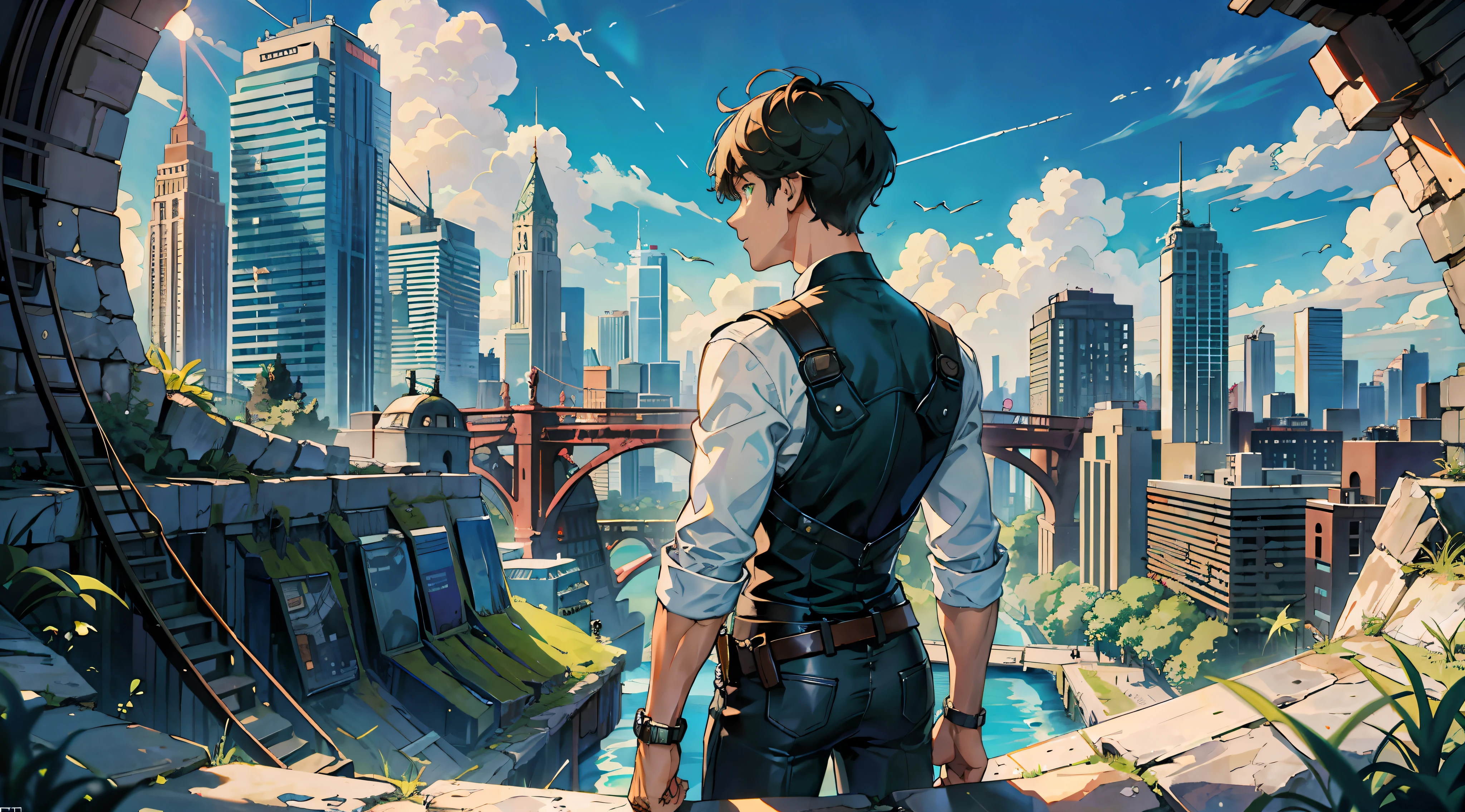 ((Masterpiece: 1.4, Best Quality)), ((Masterpiece, Best Quality)), Fisheye, One Young Man Standing, Towering Buildings from Stairs and Looking at the crumbling cityscape of the highway, (Overlook: 1.3), River, Waterfall, Valley, (Green Big Eyes and Short Hair), Blue Sky, Beholder's Watch, Magnificent View, Lens Flare, Black Bodysuit, Cowboy Shot