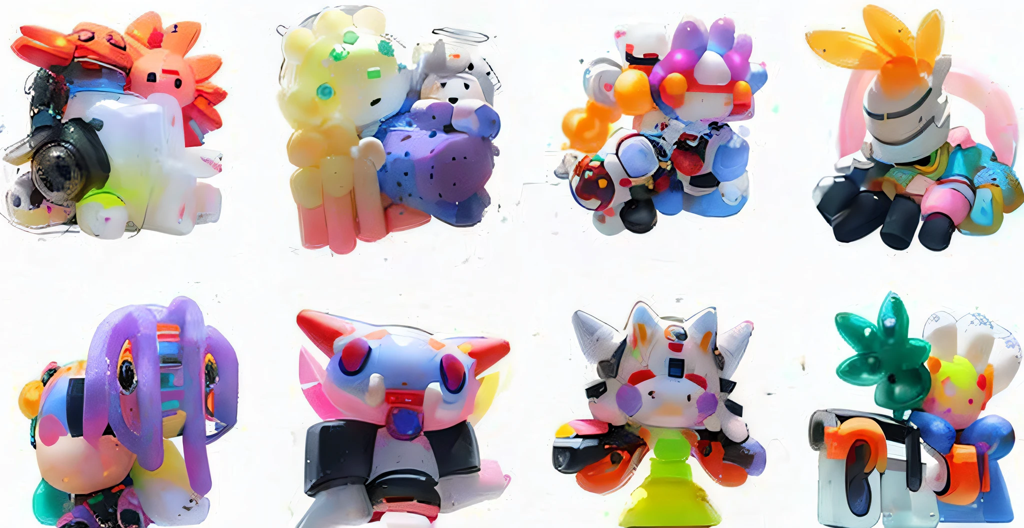 a close up of a bunch of different toys on a white surface, art toys, y 2 k cutecore clowncore, biopunk toys made in china, toys figures, art toy, sofubi, vinyl toy figurine, (((luke chueh))), art toys on a pedestal, art toys collectible figurine, frank kozik, dreamy