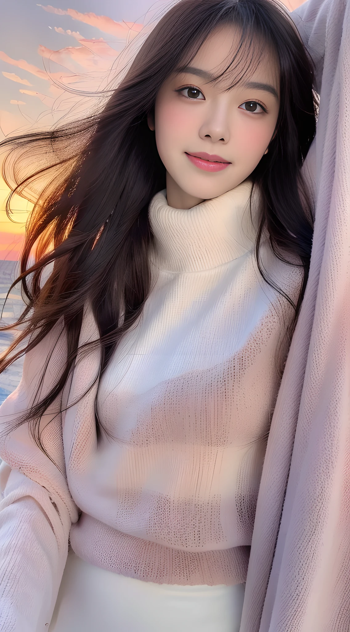 8k resolution, super high resolution, best picture quality, beautiful girl, moist lips, peerless beauty, messy black straight hair, shawl long hair, fluffy hair, rich and beautiful makeup, exquisite and perfect facial features, sapphire eyes, blush, sweet smile,
(((sunset sky)))) by the sea (dressed in white
Tight T-shirt), short skirt, macro shot, beautiful detail sky.