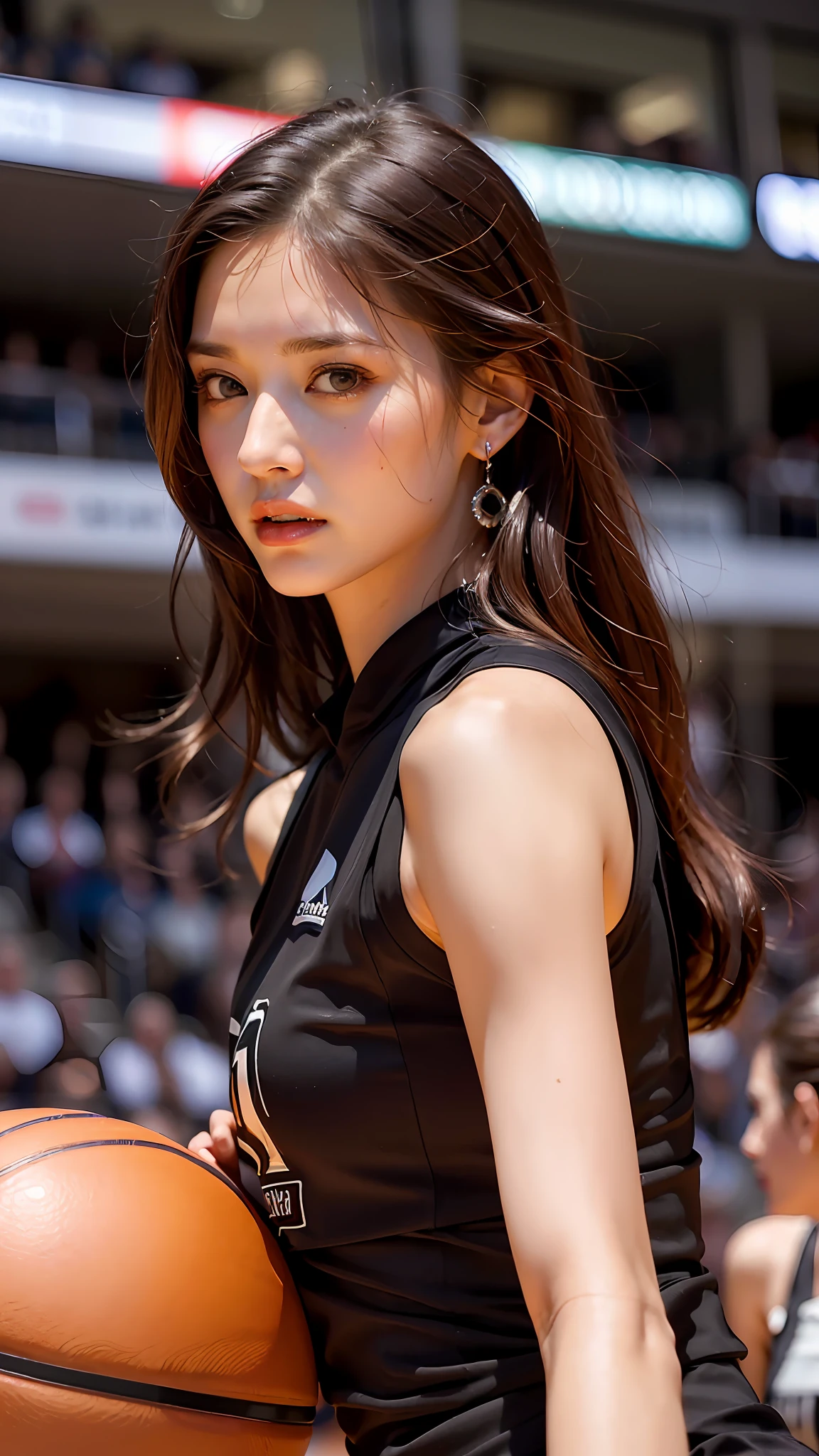 (Best Quality, 4K, Masterpiece: 1.3), Pretty Woman, 1girl, Sexy: 1.1, Dark Brown Hair: 1.1, Woman in Basketball Uniform, On the Court, Soaked Jersey, Ultra-detailed face, Detailed lips, Delicate eyes, Double eyelids