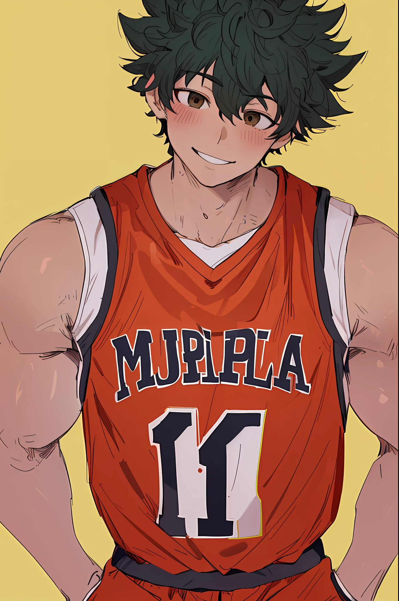 (best quality, masterpiece1.2), detailed, 1boy, solo, looking at viewer, simple background, upper body,
dynamic pose, smile, man basketball player, nba, mature man, tie, muscular man, male face1:1, smile, ((detailed eyes)), midoriya izuku, curly short black hair, brown eyes, white lightning,
