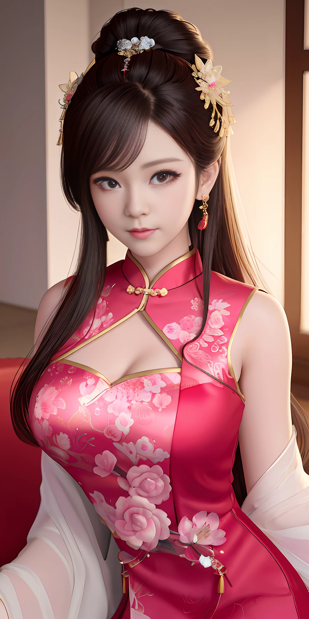 araffe asian woman in a red dress sitting on a red couch, trending on cgstation, chinese girl, chinese dress, cheongsam, realistic anime 3 d style, 3 d anime realistic, smooth anime cg art, trending at cgstation, beautiful digital artwork, 8k high quality detailed art, wearing a red cheongsam, japanese goddess