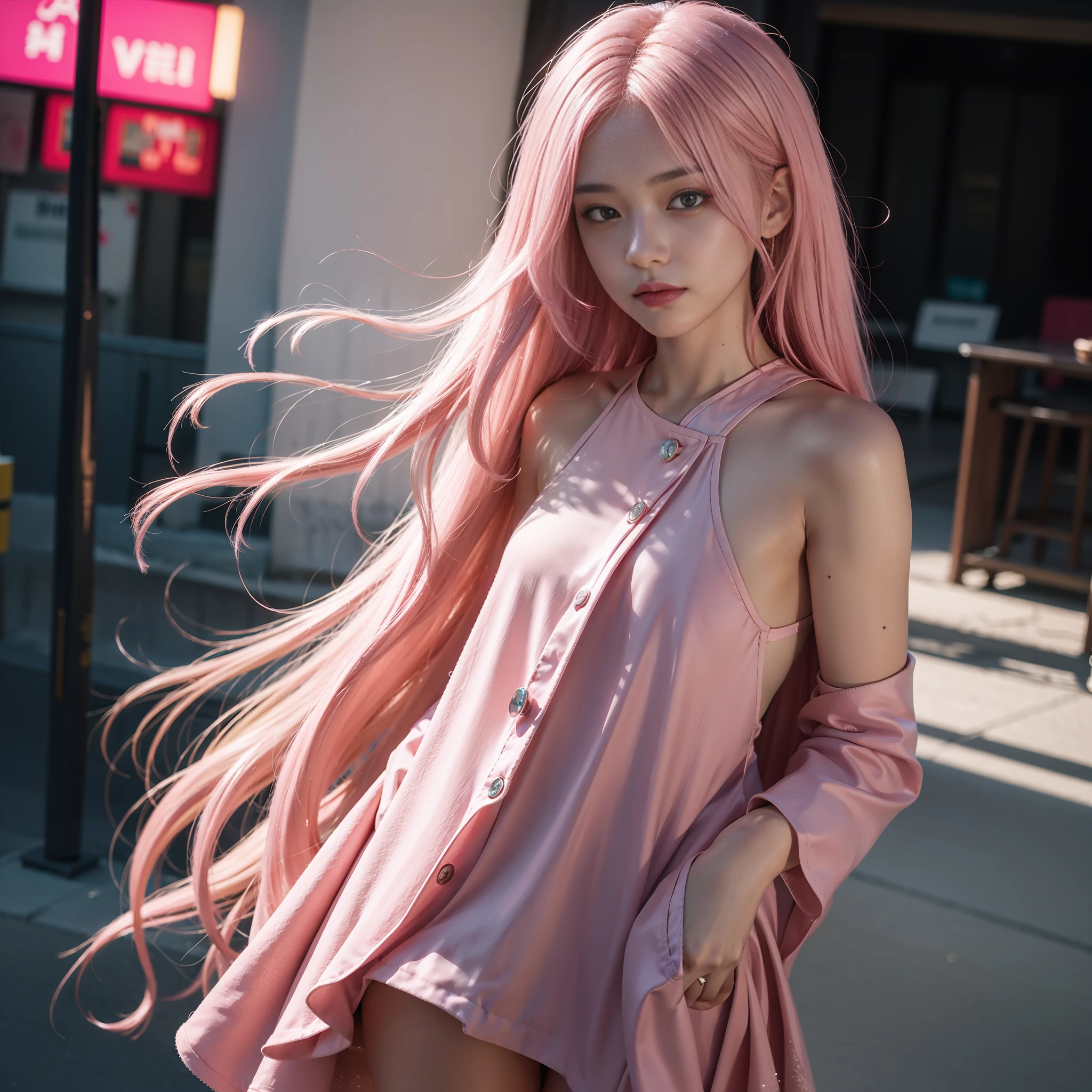 pink hair,long hair,single sidelock hairpin blush modern cinematic lighting,ray tracing,drop shadow wide shot UHD,textured skin,high details,best quality 4K