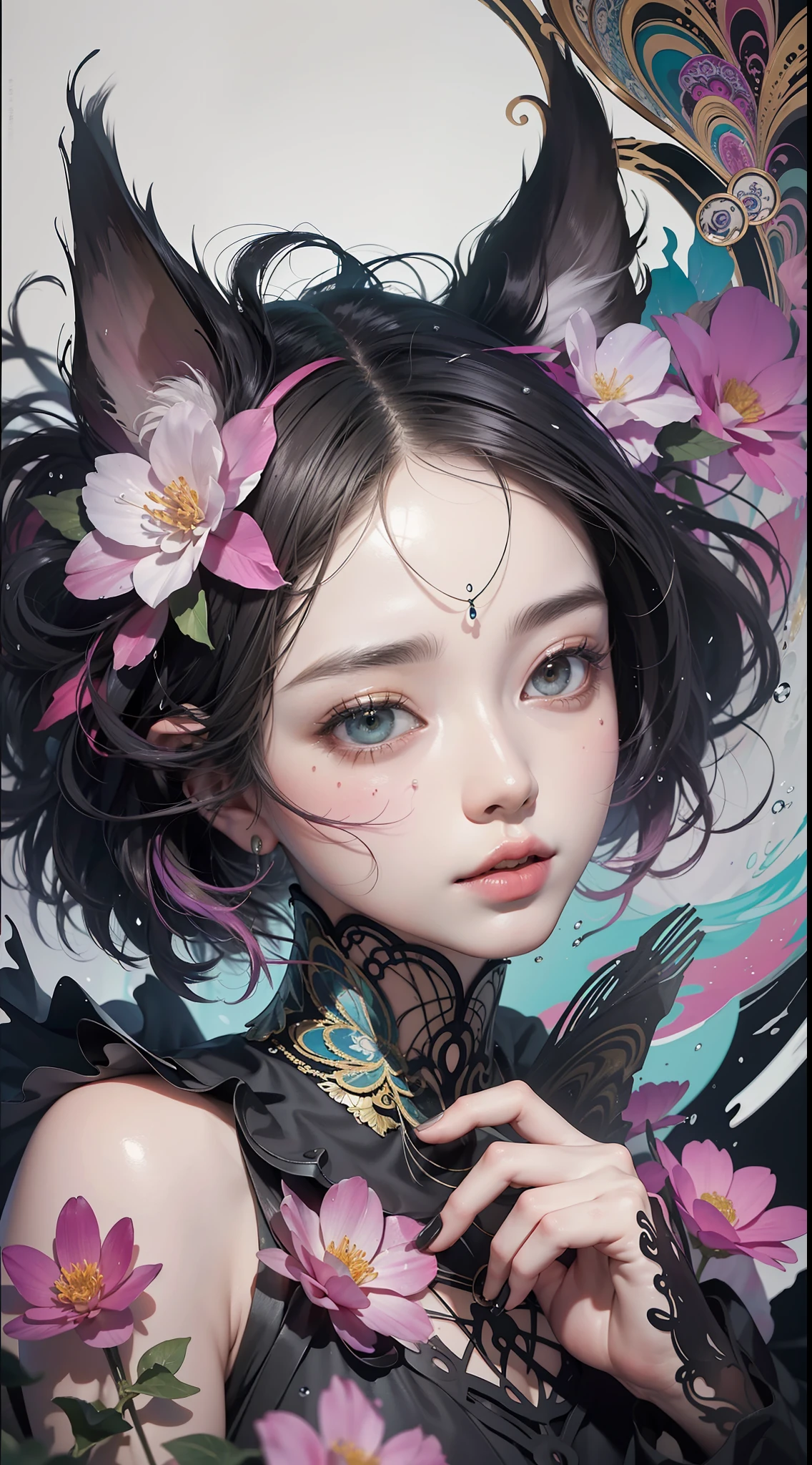 official art, unity 8k wallpaper, ultra detailed, beautiful and aesthetic, masterpiece, best quality, (zentangle, mandala, tangle, entangle), (fractal art:1.3) , 1girl, extremely detailed, dynamic angle, the most beautiful form of chaos, elegant, a brutalist designed, vivid colours, romanticism, by james jean, roby dwi antono, ross tran, francis bacon, michal mraz, adrian ghenie, petra cortright, gerhard richter, takato yamamoto, ashley wood, atmospheric, ecstasy of musical notes, streaming musical notes visible , ear wolf, flower effect , flower background , (water splash) ,