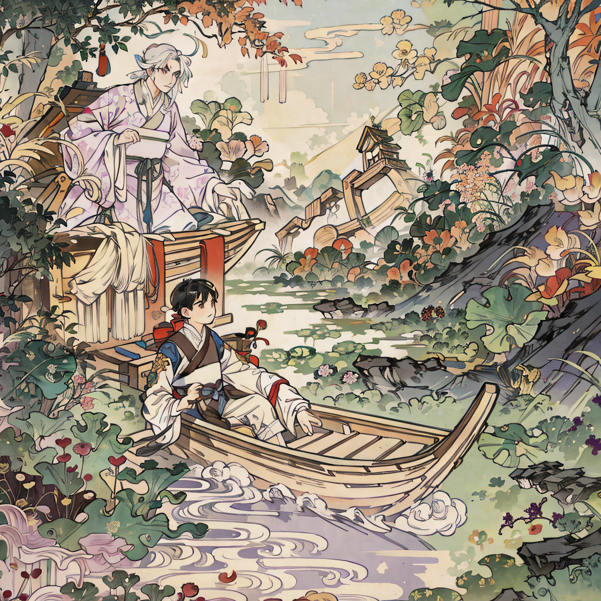 Poster design, (SFW), a  boy rowing a boat, wearing Chinese Hanfu, the boat is covered with flowers, Dragon Boat Festival, zongzi, happy, the background is shuttling between mountains and lakes, the lake is full of lotus flowers and lotus leaves, perfect quality, clear focus, colorful, perfect face, intricate details, ultra-low viewing angle, wide angle lens